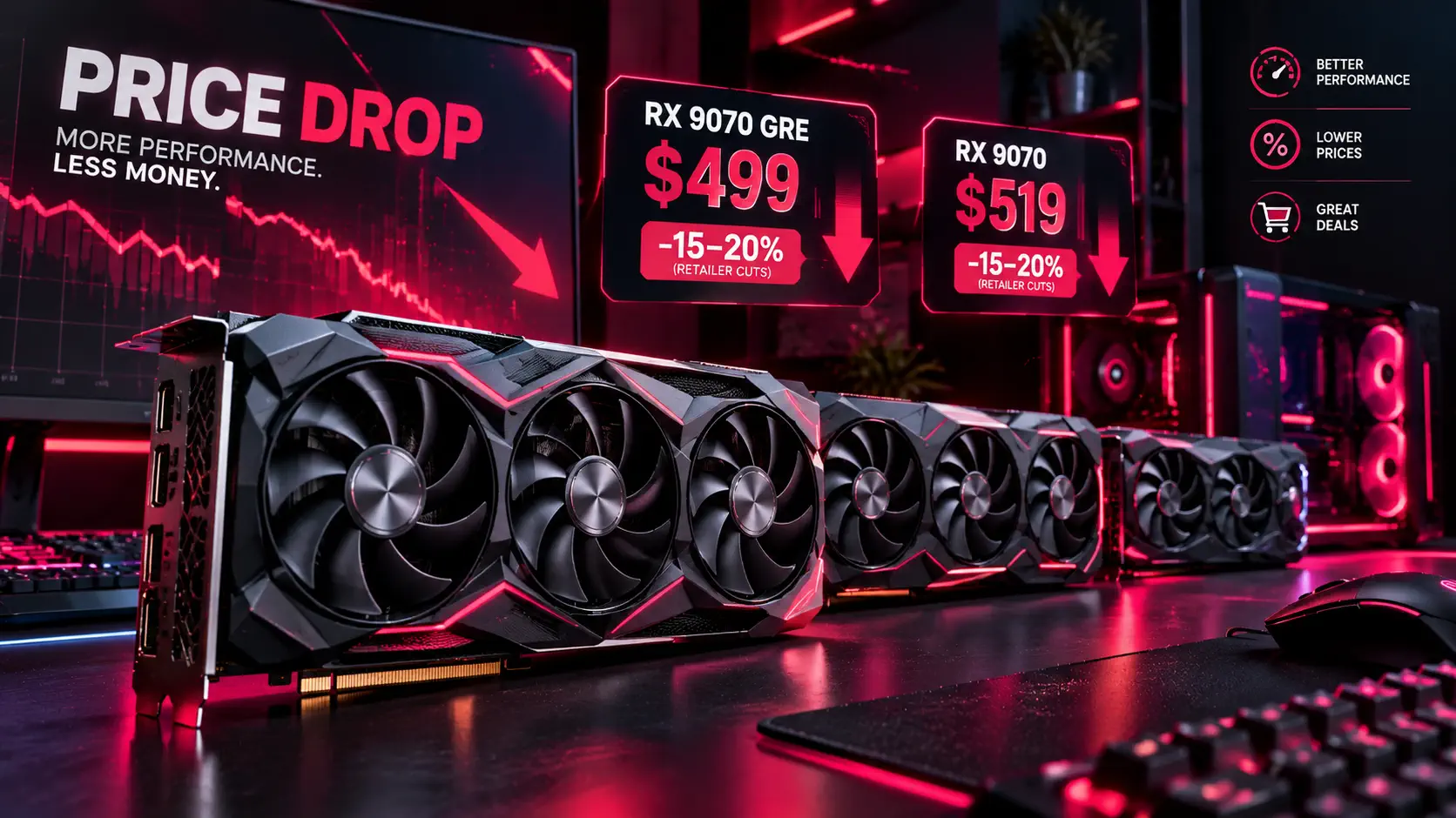 AMD Radeon RX 9070 GRE and RX 9070 graphics cards with price drop tags of 15-20% in a red-lit gaming setup