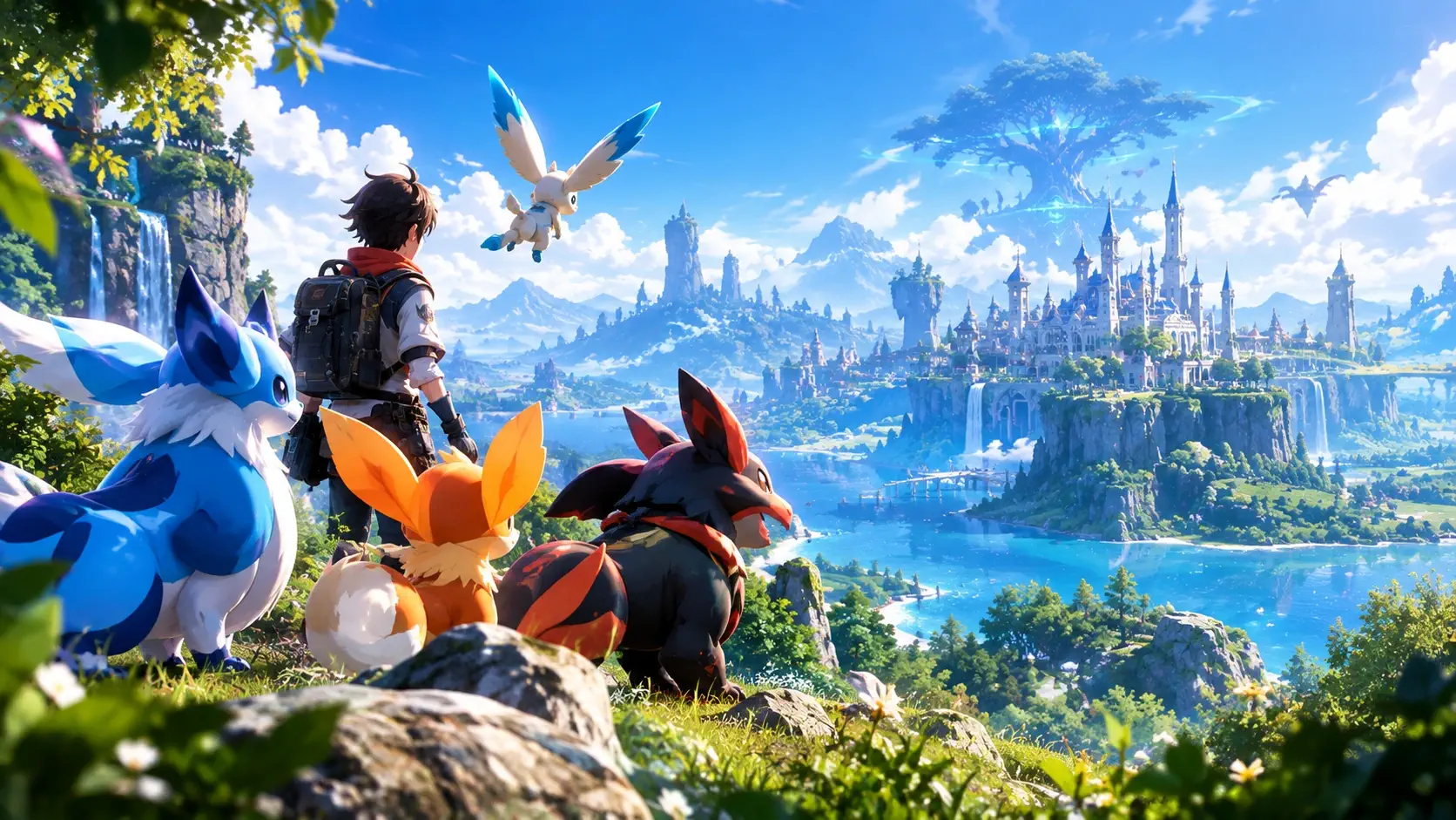 Young tamer with a backpack and three creature companions overlooking a fantasy kingdom with castles, waterfalls and a giant glowing tree