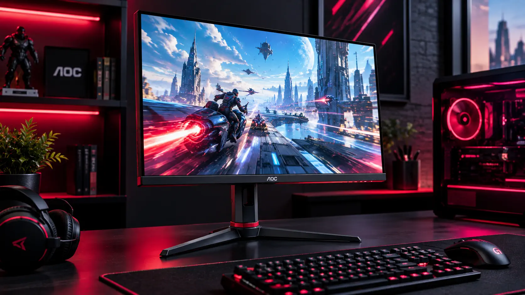AOC 24G2 gaming monitor on a dark desk with red RGB lighting, showing a sci-fi hoverbike chase, next to a mechanical keyboard, mouse, headset and a PC with a red glowing fan