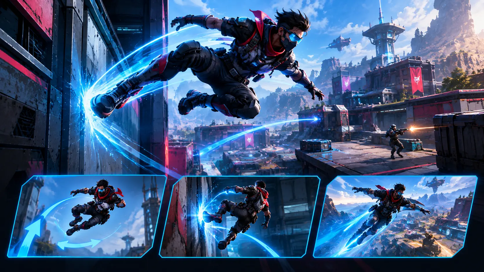 Apex Legends-style legend wall-bouncing and tap-strafing mid-air with blue motion trails over a futuristic arena