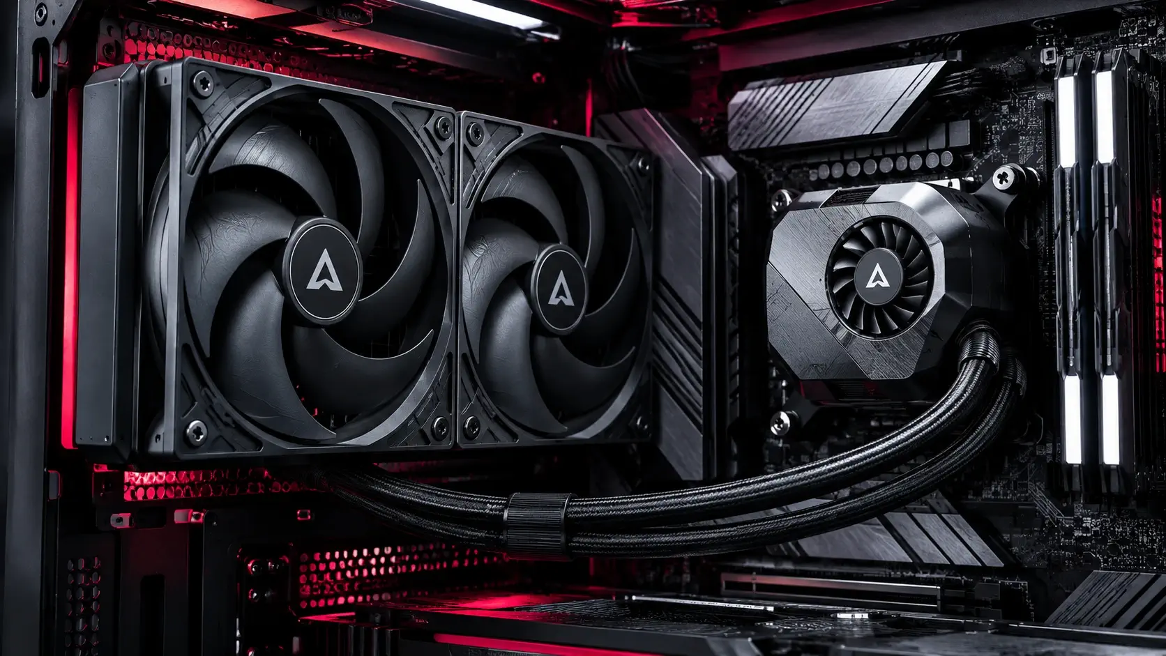 Black 240mm AIO liquid cooler with twin radiator fans and a pump block with VRM fan inside a red-lit gaming PC