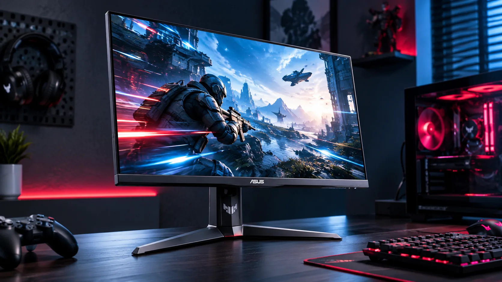 ASUS TUF Gaming VG27AQ 27-inch monitor on a gaming desk with a red-lit PC setup