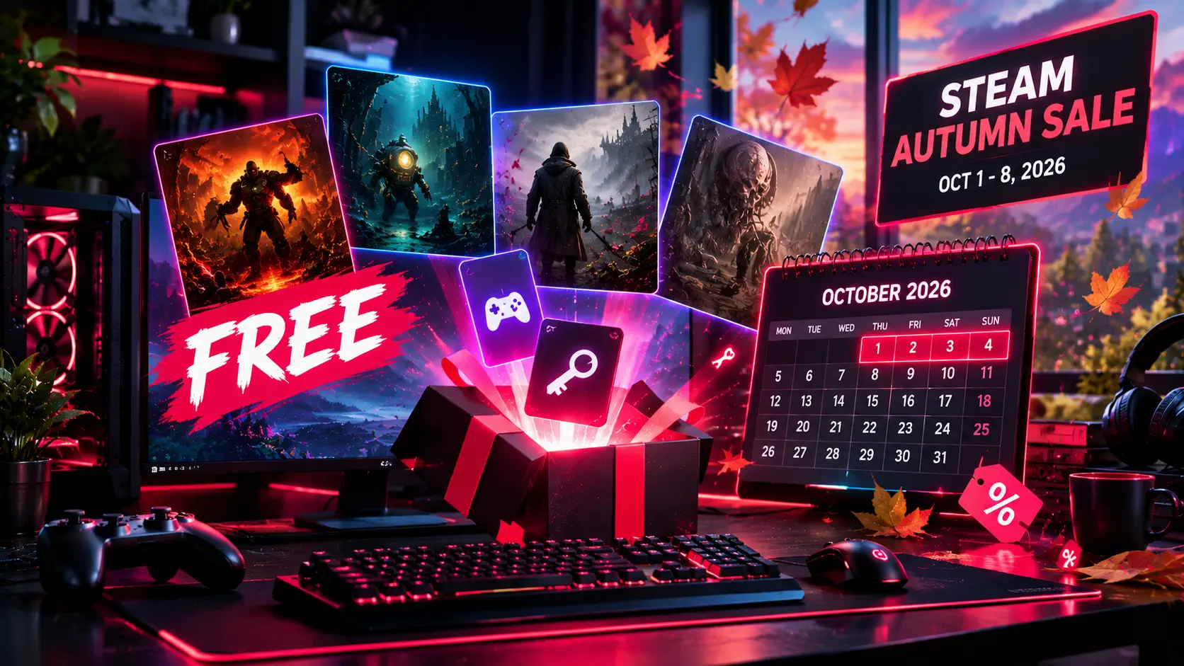 Free PC games gift box, October 2026 calendar and Steam Autumn Sale banner on a neon gaming desk