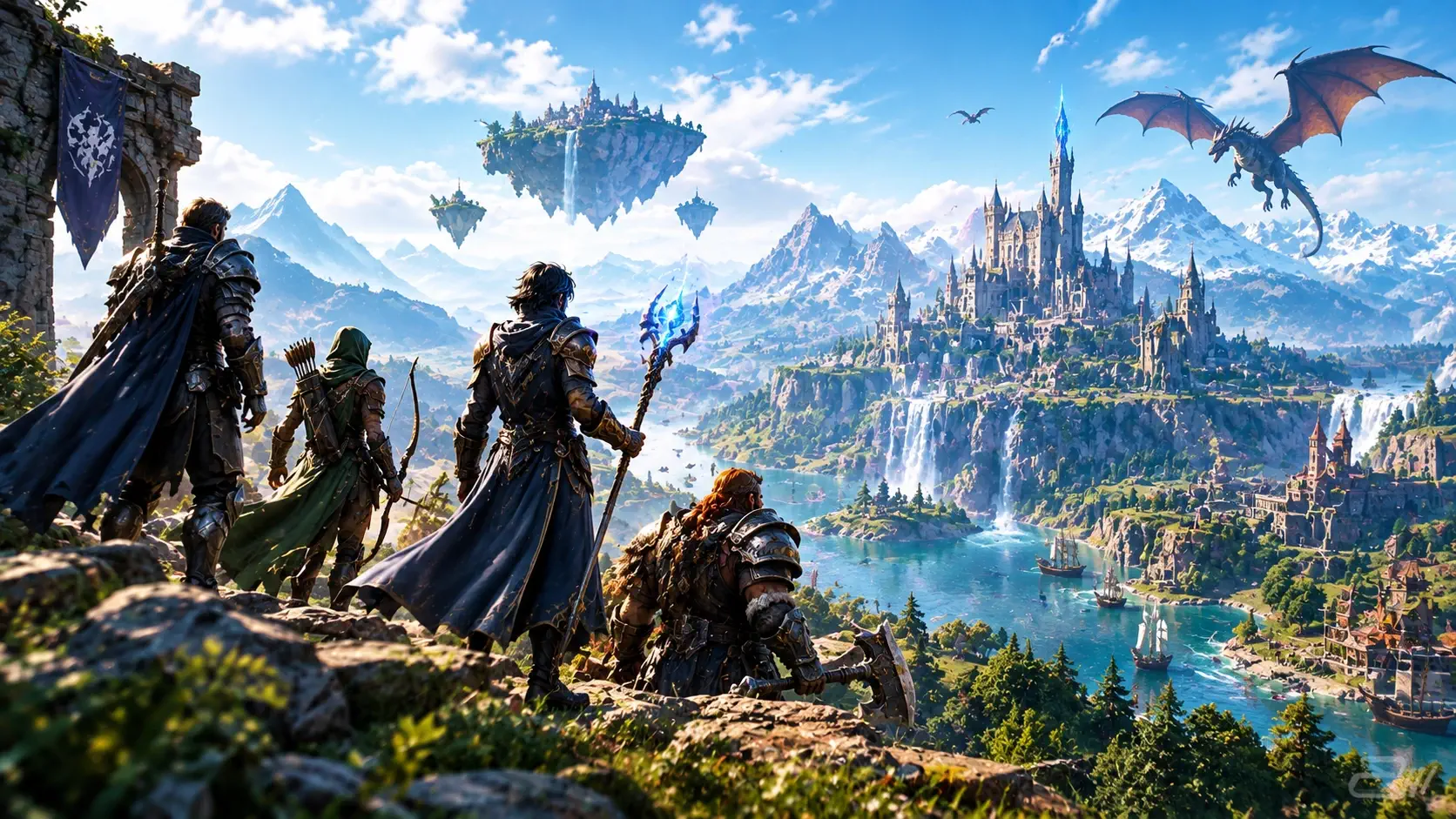 Party of fantasy adventurers — knight, archer, mage and dwarf — overlooking a vast MMORPG world with a castle, floating islands and a dragon