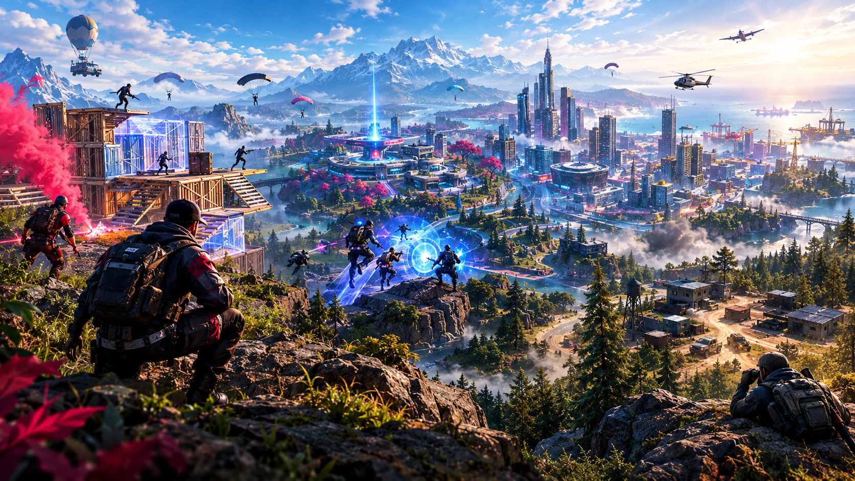 Battle royale scene: squads on a rocky ridge overlooking a large island with mountains and a city, players parachuting in, a wooden building structure with glowing walls, and a helicopter and hot air balloon in the sky