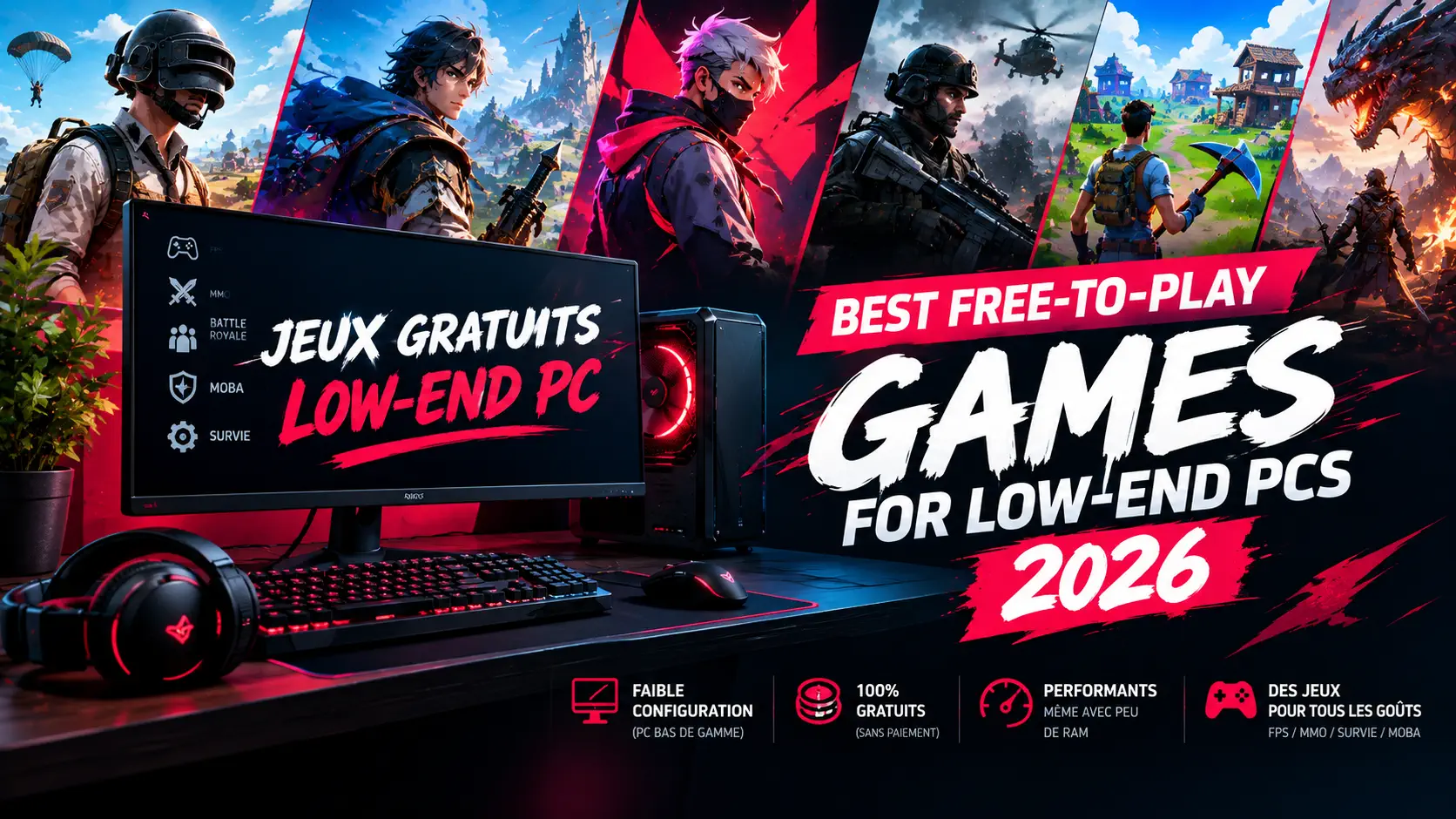 Gaming PC with red-lit keyboard, headset and monitor beside a collage of free-to-play game characters including a battle royale soldier, a fantasy hero and a dragon, under the title Best Free-to-Play Games for Low-End PCs 2026