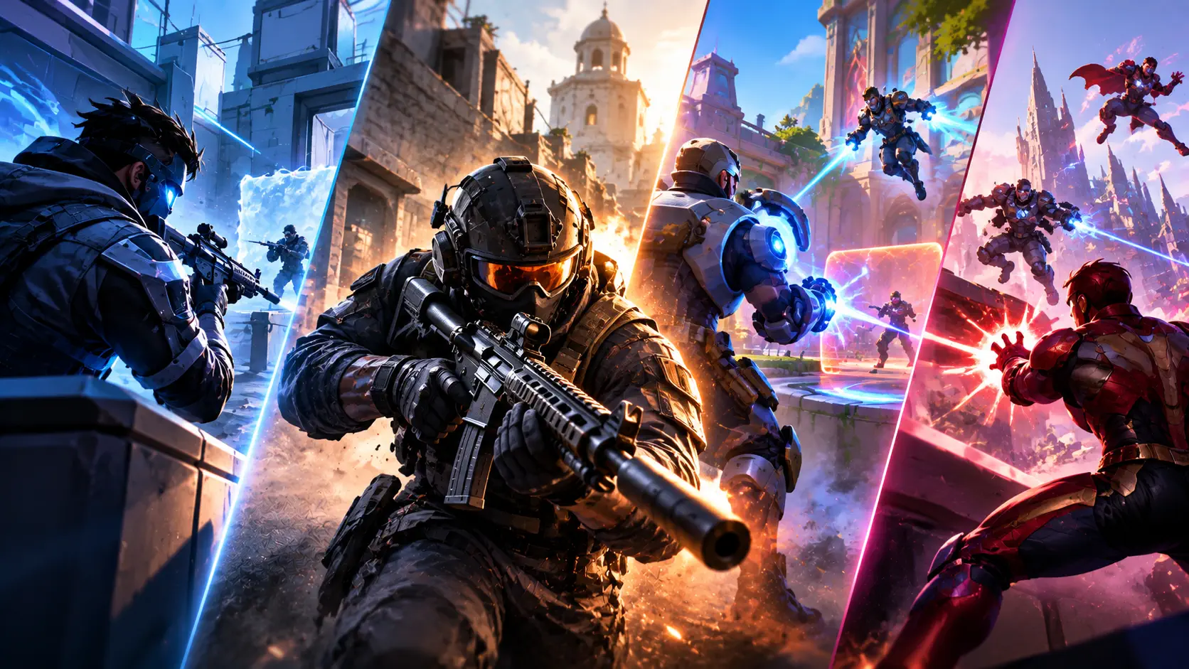 Four-panel montage of free-to-play shooter styles: a masked tactical operator, a helmeted soldier firing a rifle, an armored hero-shooter character with energy gauntlets, and a red-and-gold armored superhero
