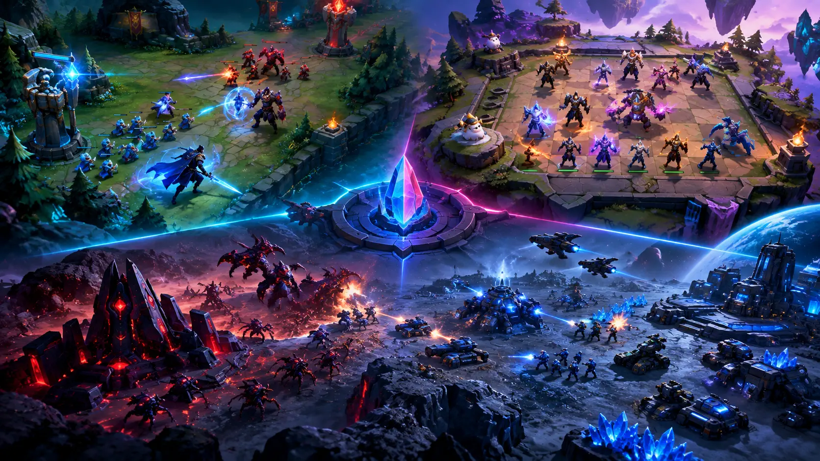 Split view of MOBA lane combat, auto-battler board and sci-fi RTS battle around a glowing crystal