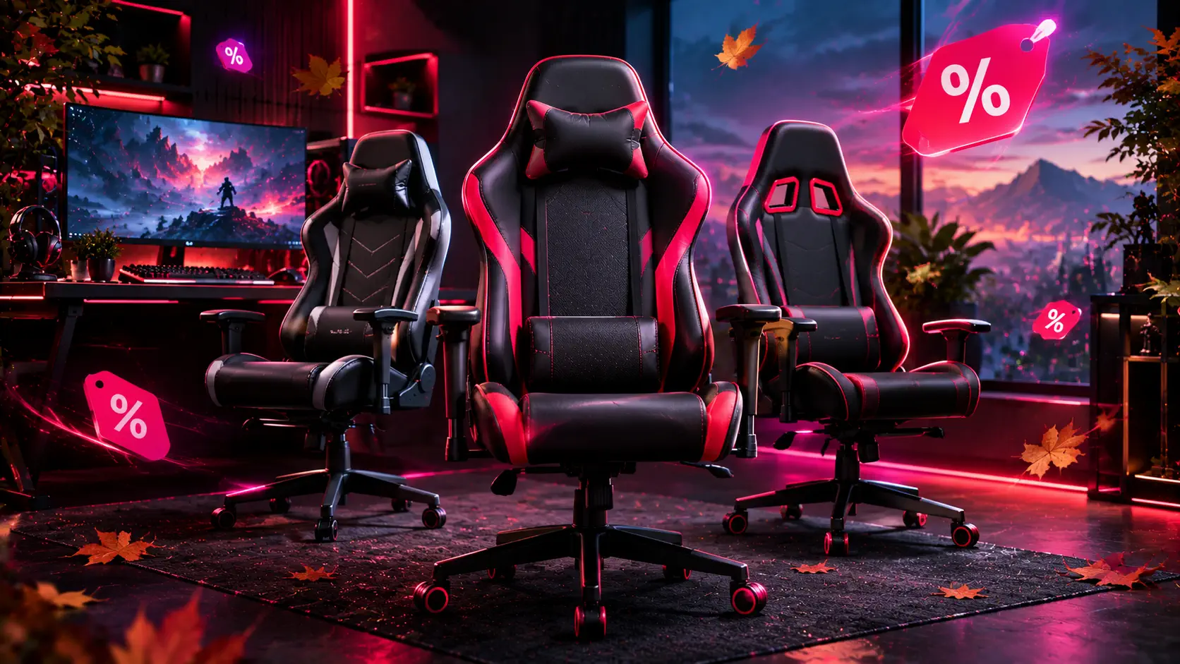 Three black and red gaming chairs with discount tags in a neon-lit autumn gaming room