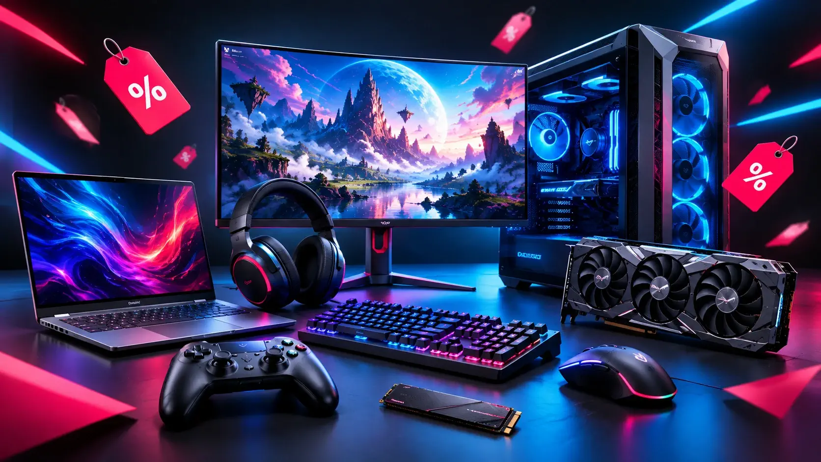 Gaming deals: curved monitor, laptop, headset, keyboard, GPU, SSD and PC case surrounded by discount tags
