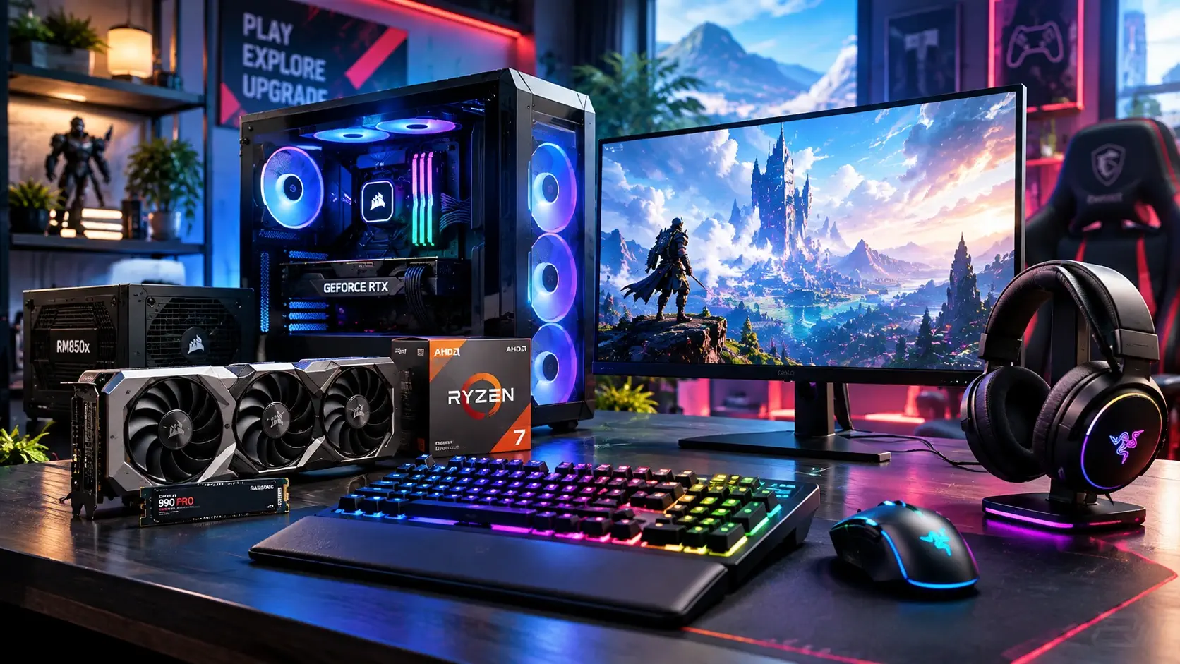 Gaming PC setup with RGB case, graphics card, Ryzen CPU box, NVMe SSD, power supply, monitor, keyboard, mouse and headset