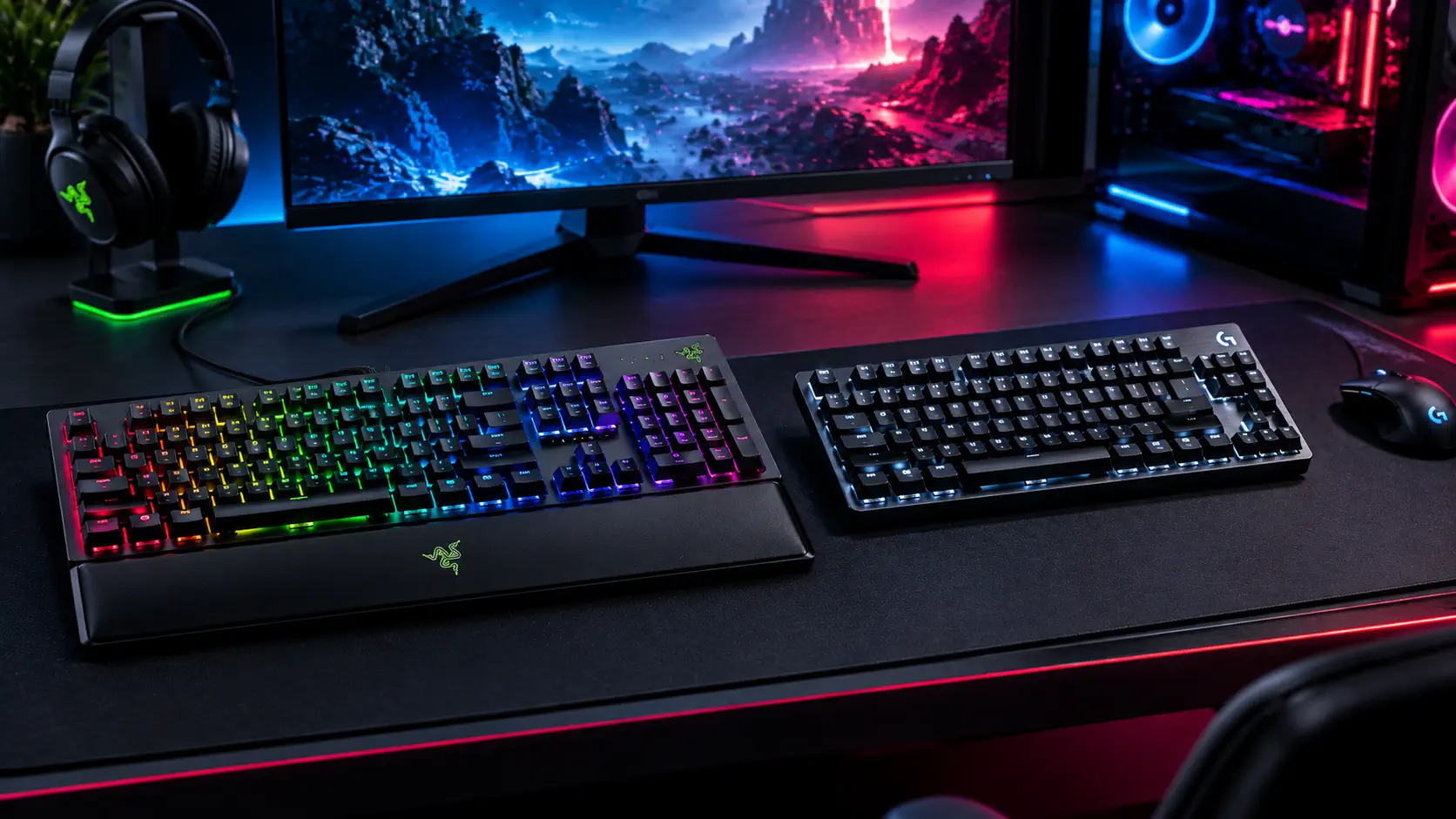 Full-size RGB Razer mechanical keyboard with wrist rest next to a compact Logitech TKL keyboard on a dark desk with a monitor, headset stand and PC in the background