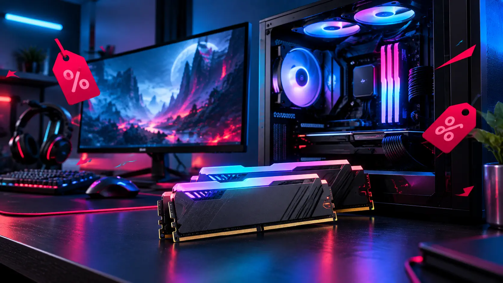 Two RGB DDR5 RAM sticks on a desk in front of a gaming monitor and open PC case with discount tags