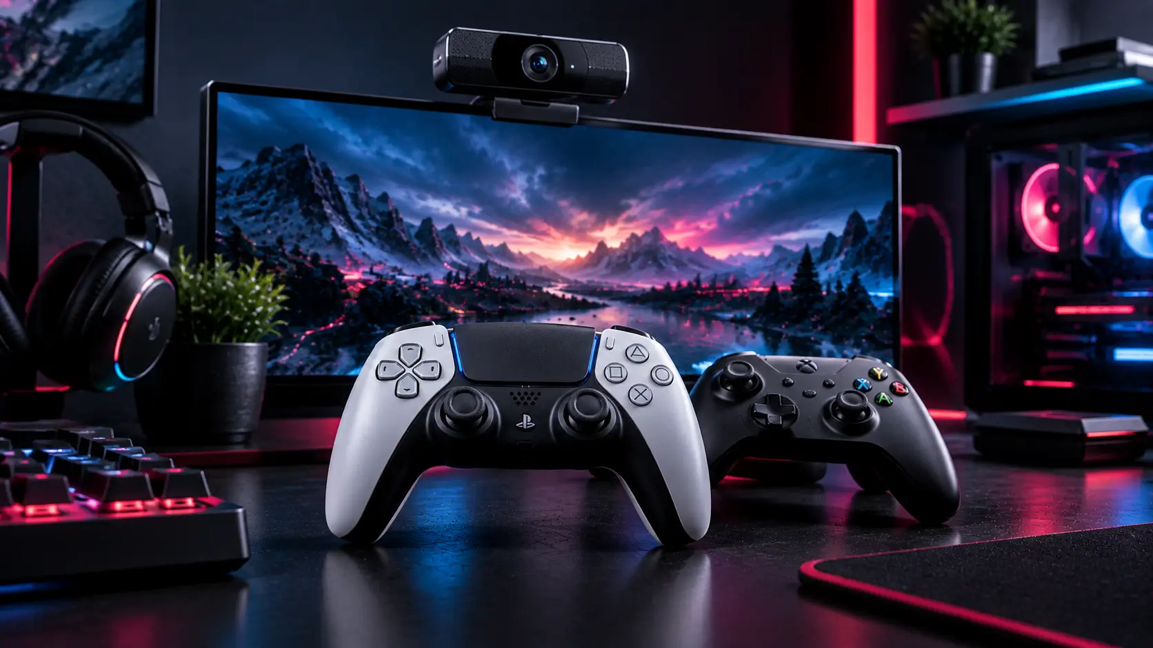 PlayStation DualSense and Xbox controllers on a dark gaming desk in front of a monitor topped with a webcam, with a headset and RGB PC case behind