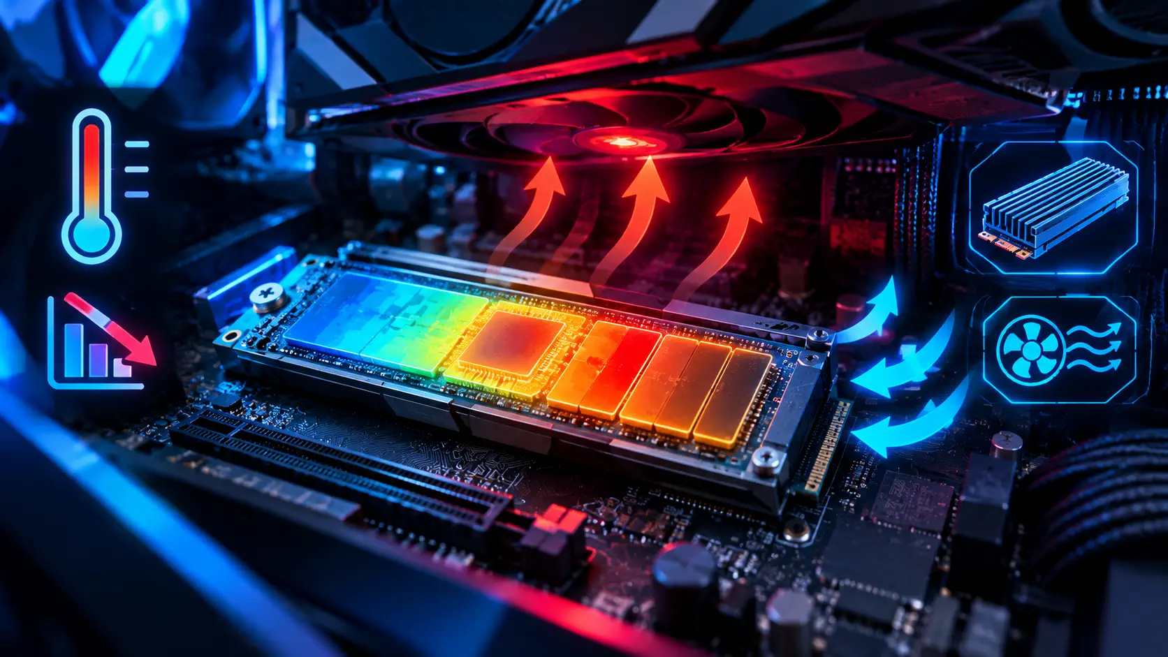 M.2 NVMe SSD on a motherboard glowing from blue to red to show heat, with red arrows rising toward the graphics card above, blue airflow arrows, a thermometer, a falling speed chart, a heatsink and a fan icon