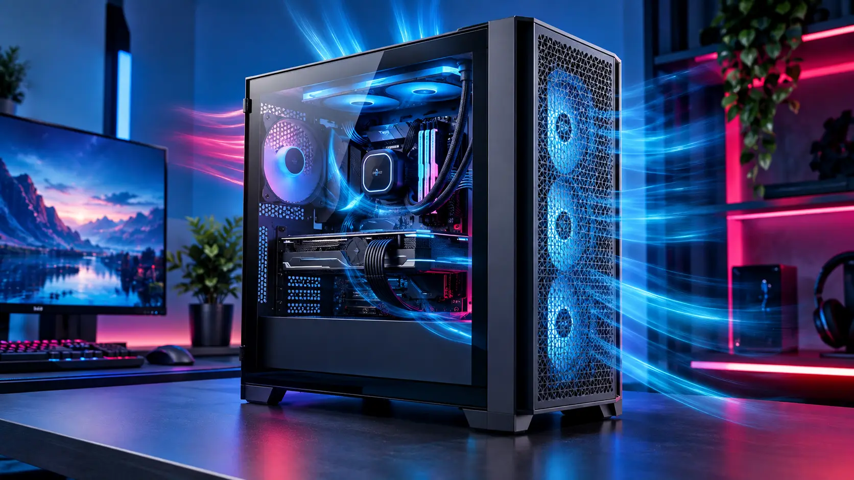 Corsair 4000D Airflow mid-tower PC case with blue airflow streaks across its mesh front panel and fans