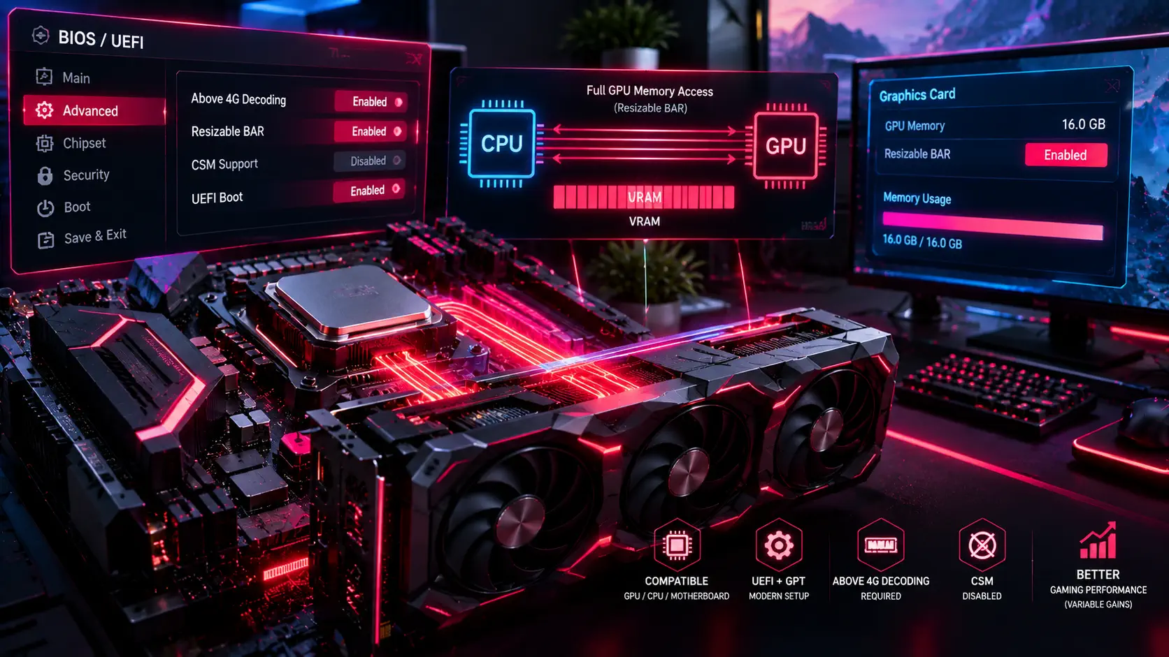 BIOS screen with Above 4G Decoding and Resizable BAR set to Enabled, a CPU-to-GPU diagram showing full VRAM access, and a graphics card on a motherboard glowing red next to a monitor reporting Resizable BAR Enabled