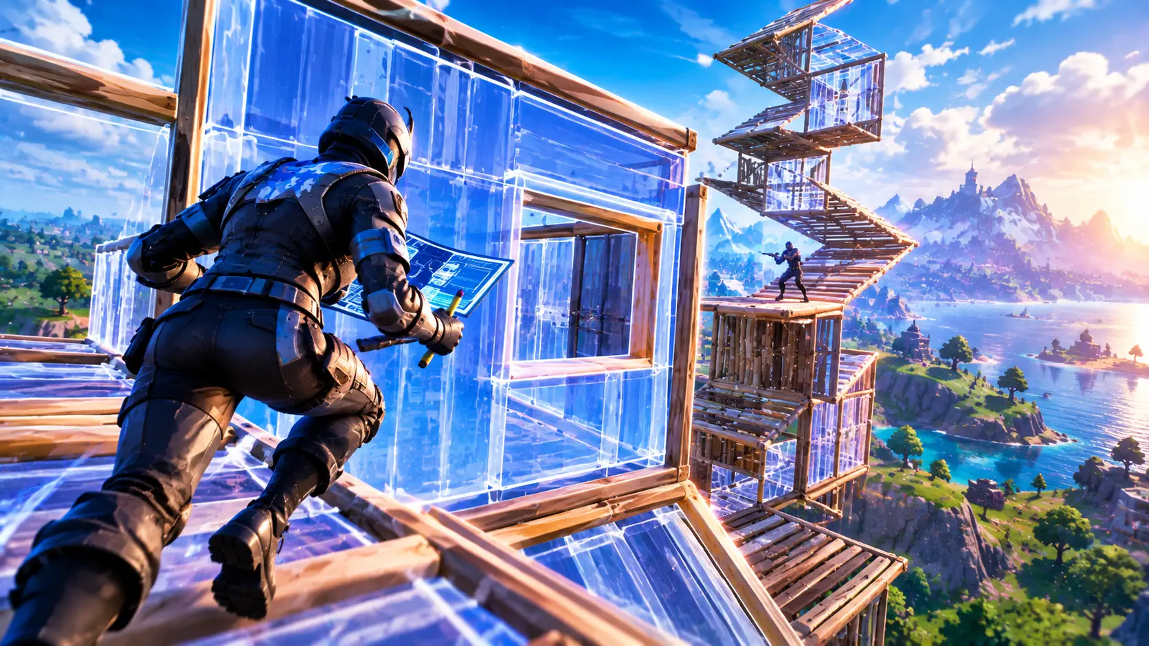 Fortnite-style player in dark armor editing a translucent blue wall while holding a blueprint, with a tall zigzag wooden ramp tower and an opponent on it in the background over an island landscape