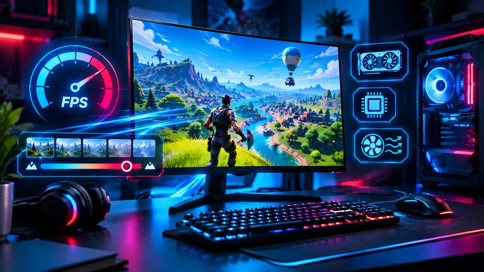 Gaming monitor showing a Fortnite-style character on a grassy hill above a river with a battle bus balloon, beside an FPS gauge, a graphics quality slider and hardware icons on a lit desk setup