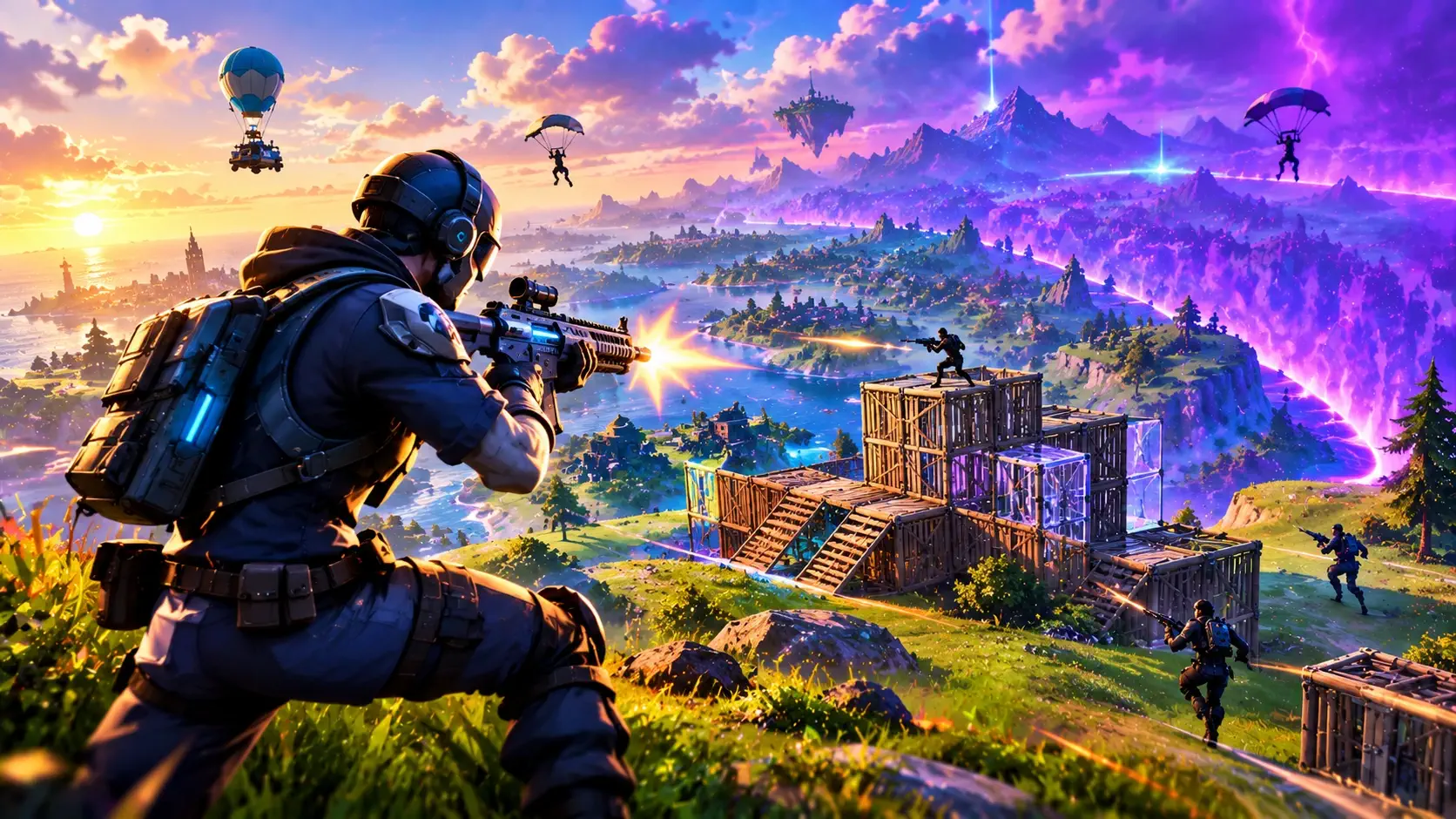 Fortnite-style battle royale scene: an armored player firing a rifle from a grassy hill toward a wooden build structure, with parachuting players, a hot air balloon and a purple storm over an island