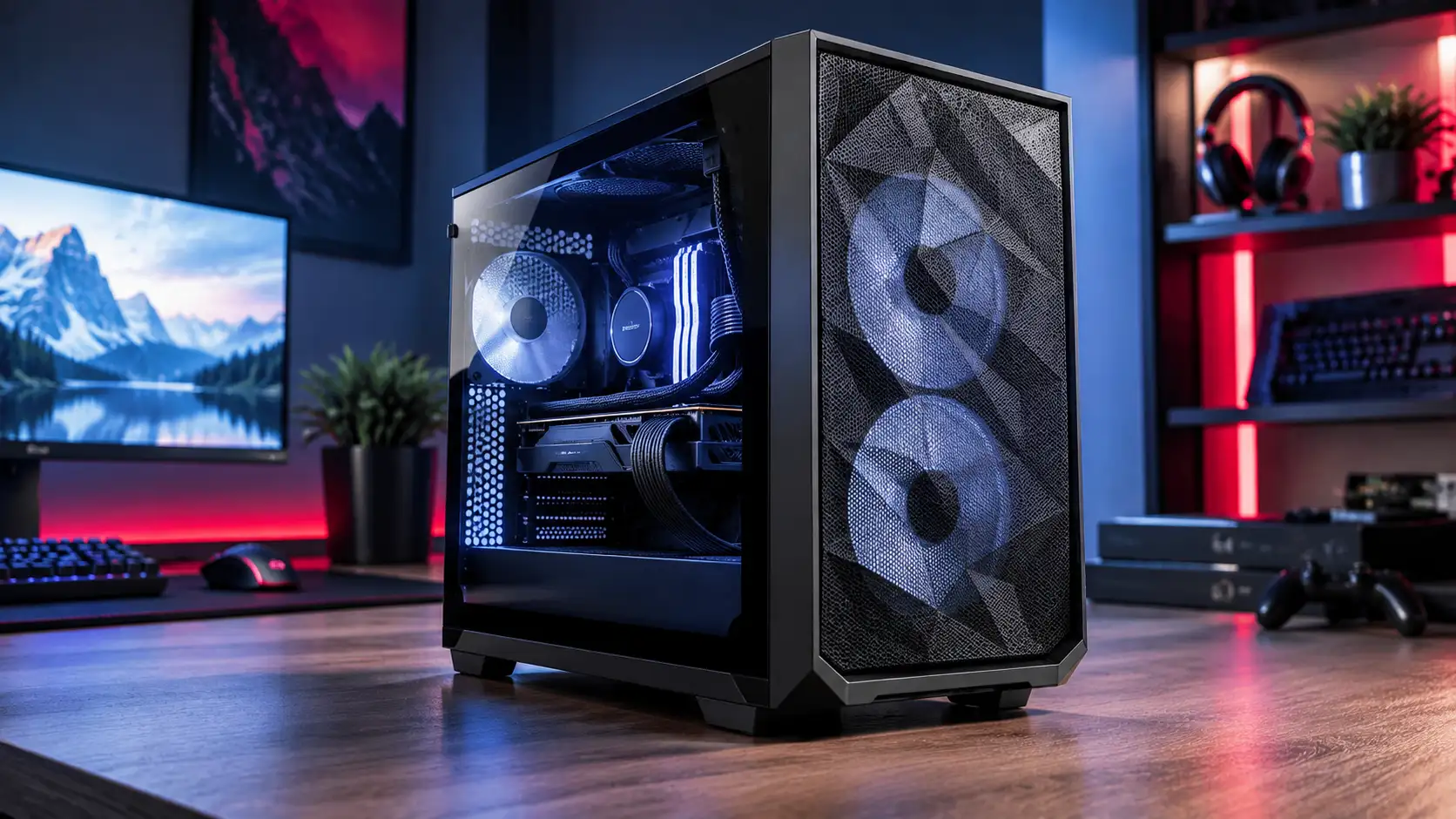 Fractal Design Meshify 2 Compact case with angular mesh front panel and fans on a wooden desk