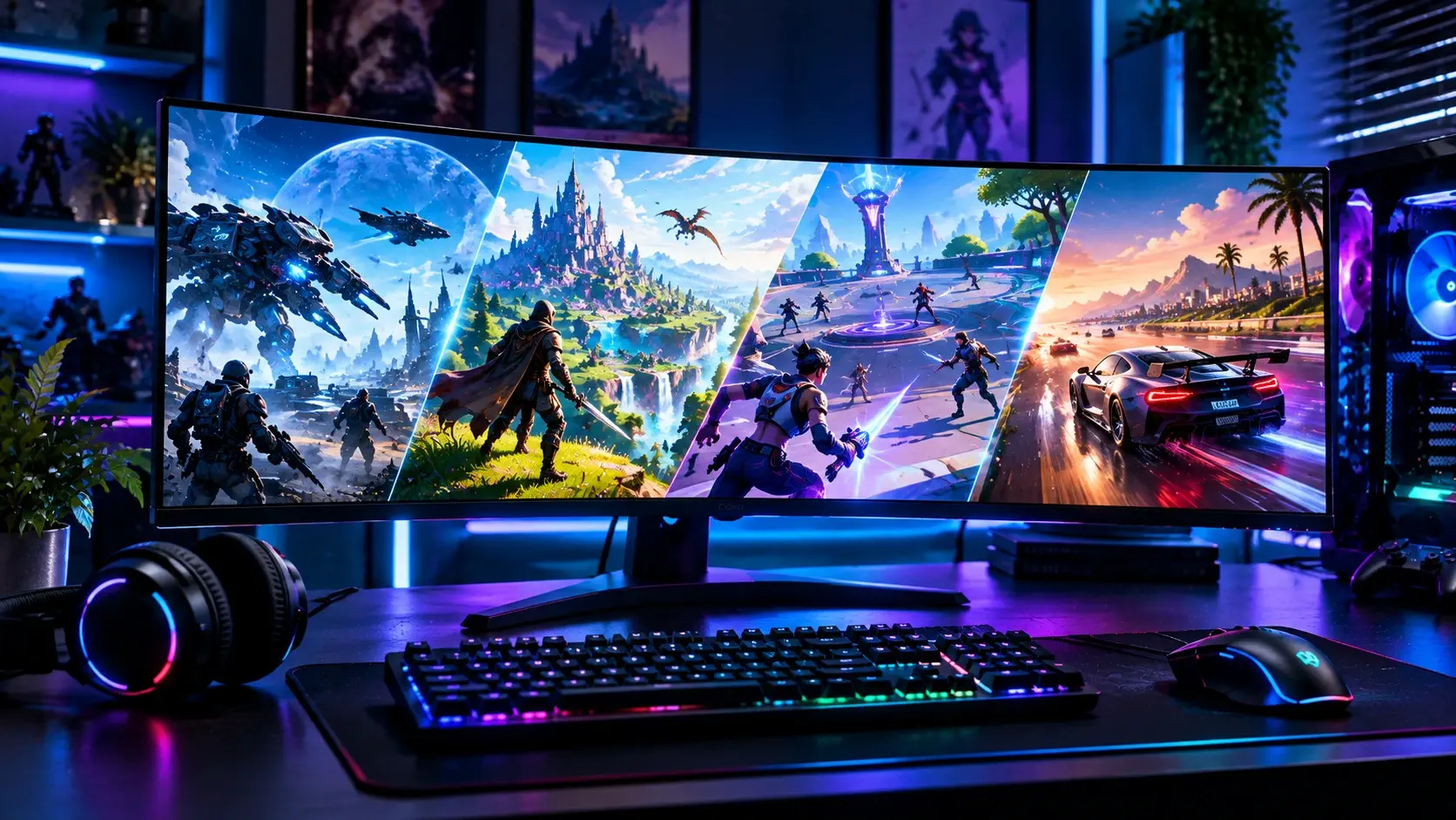 Ultrawide gaming monitor showing four free-to-play game worlds above an RGB keyboard and headset