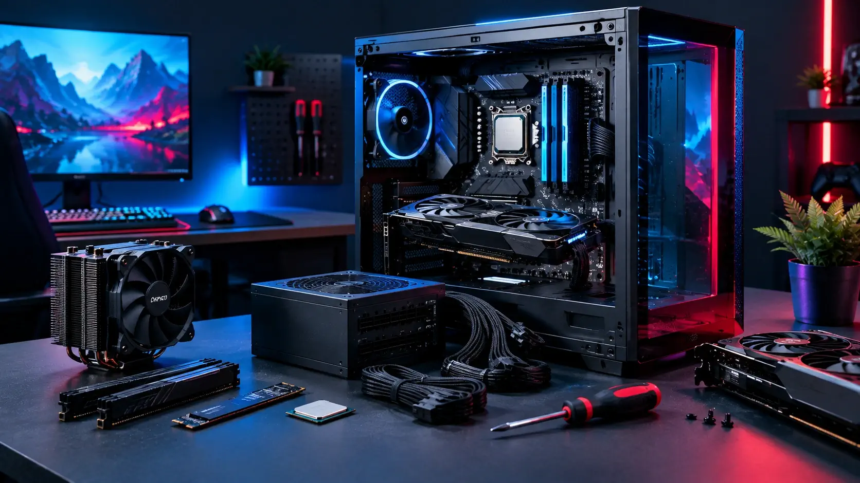 Open gaming PC case with GPU installed and CPU, RAM, SSD, cooler and PSU laid out on a desk for a build