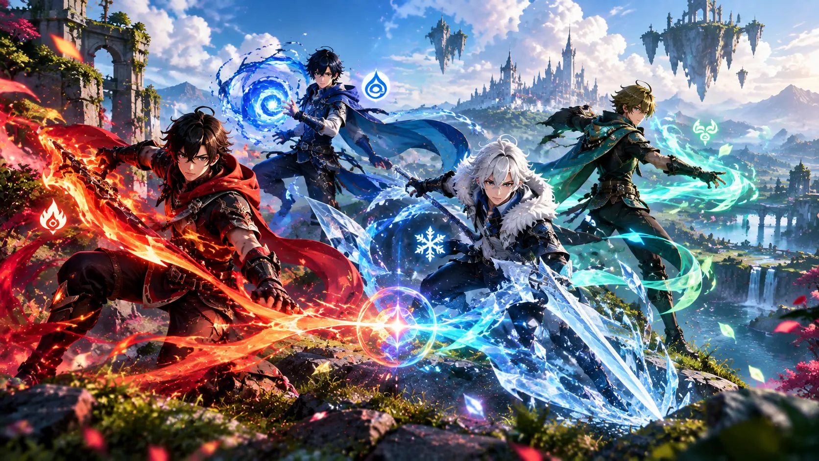 Four anime-style adventurers using elemental powers (fire, water, ice and wind) with matching element icons, in a fantasy landscape with floating islands, a castle and a waterfall