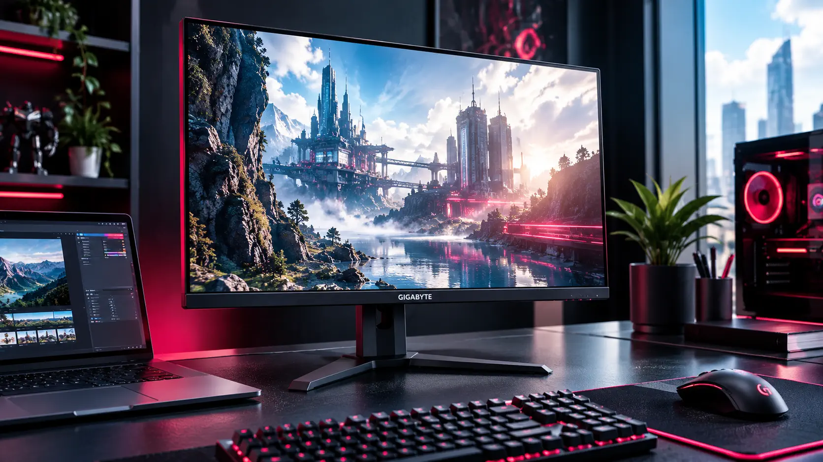 Gigabyte M27Q 27-inch gaming monitor on a desk with a red-lit PC setup