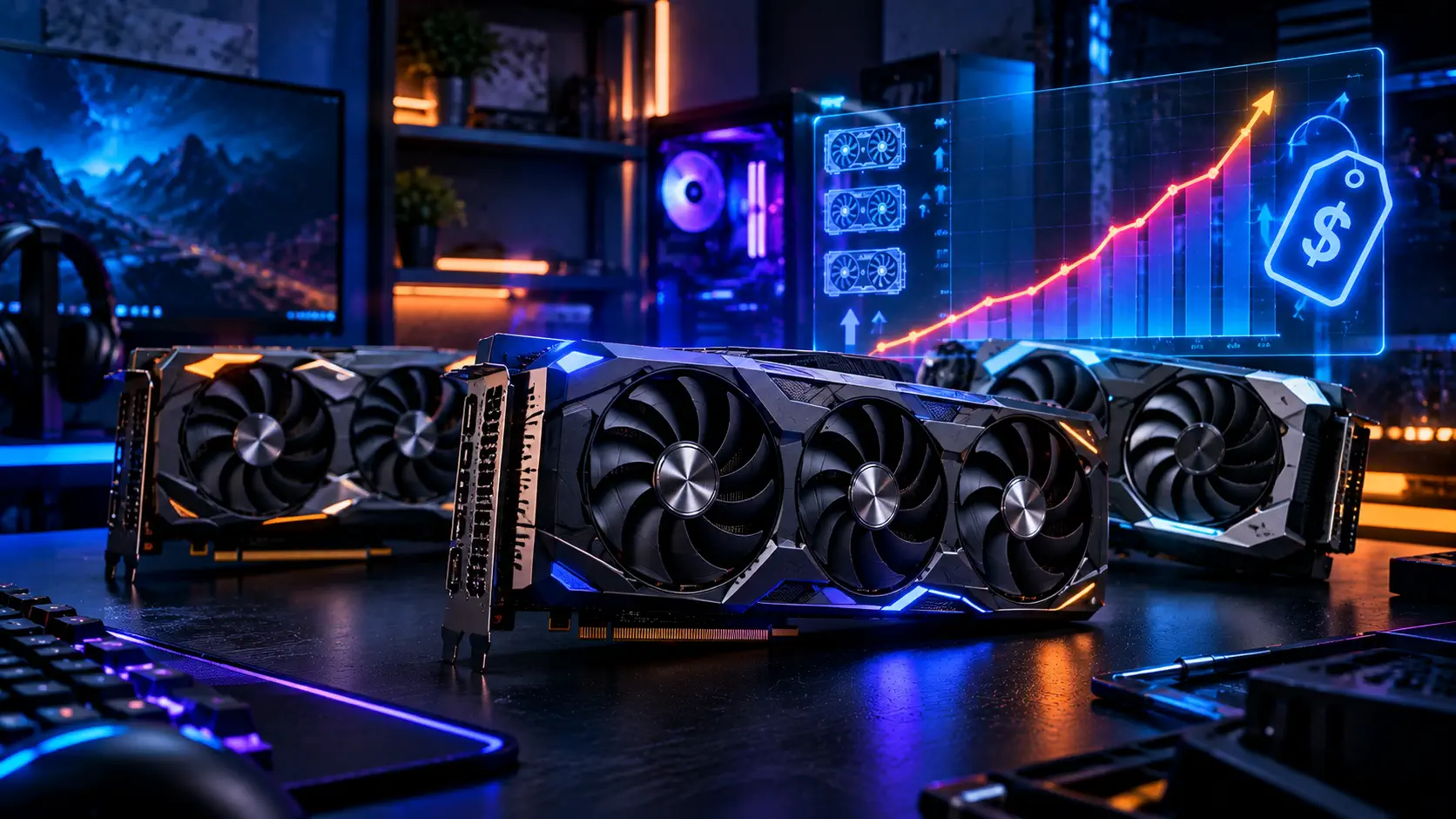 Three high-end graphics cards on a desk in front of a glowing holographic chart showing rising prices and a dollar price tag