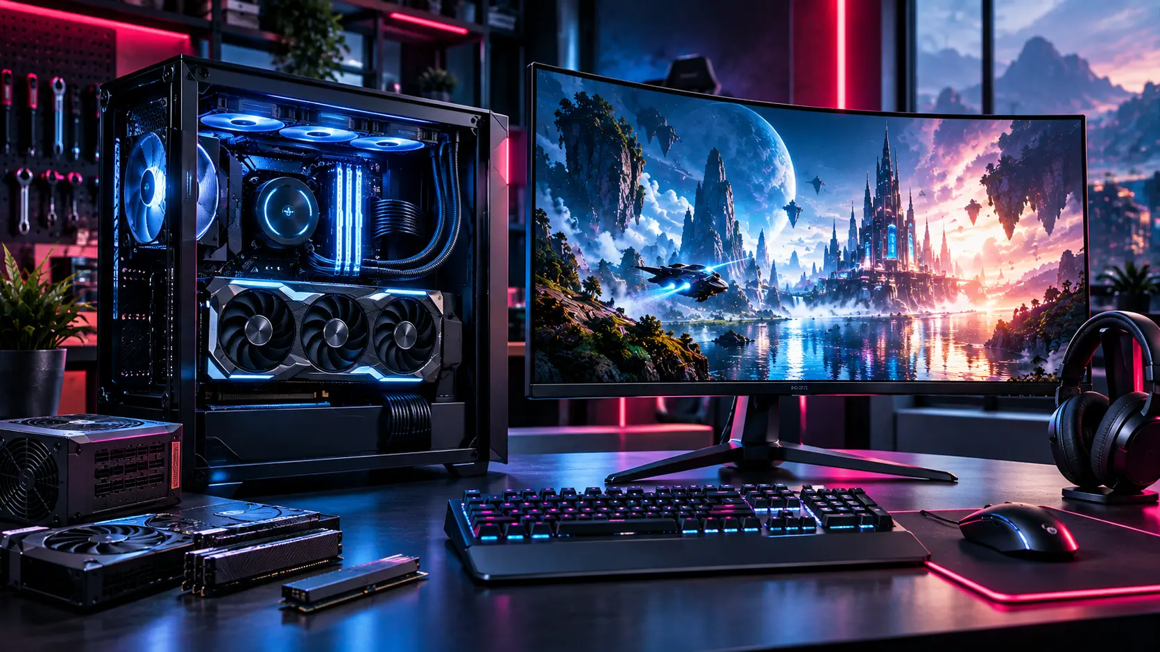 High-end gaming PC build with RGB lighting and open case