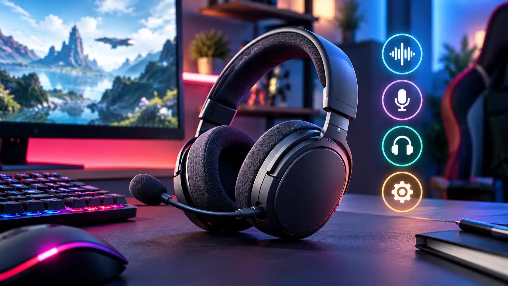 Black gaming headset with boom microphone on a desk beside keyboard and mouse, with audio and settings icons