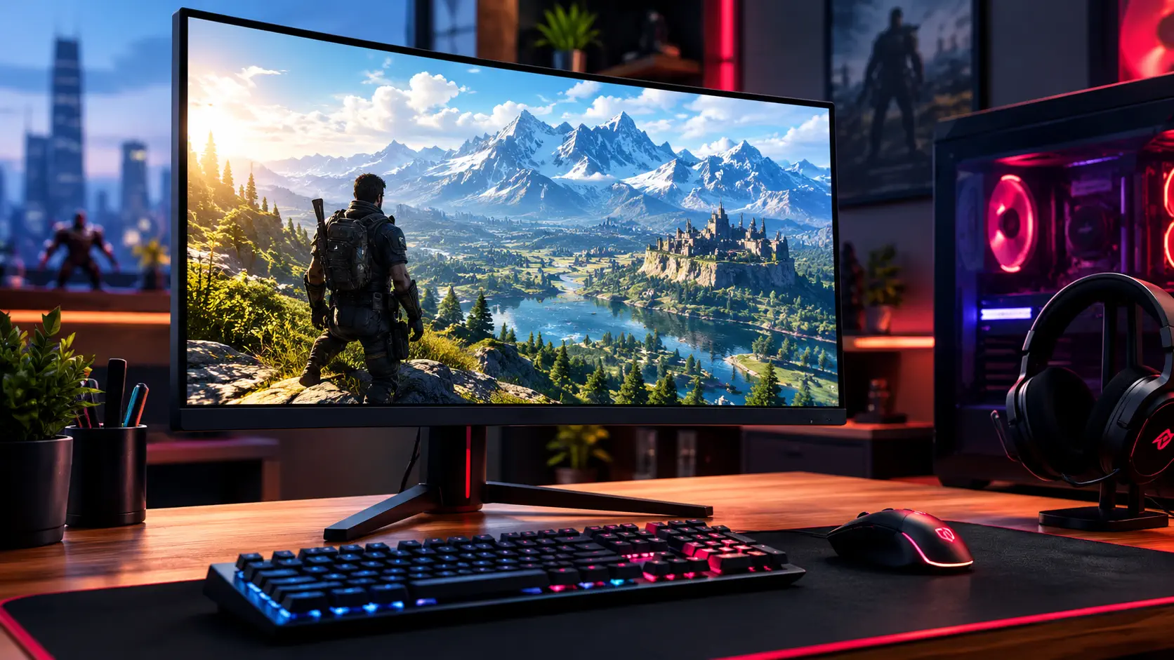 Gaming monitor displaying an open-world landscape on a desk with keyboard, mouse and headset