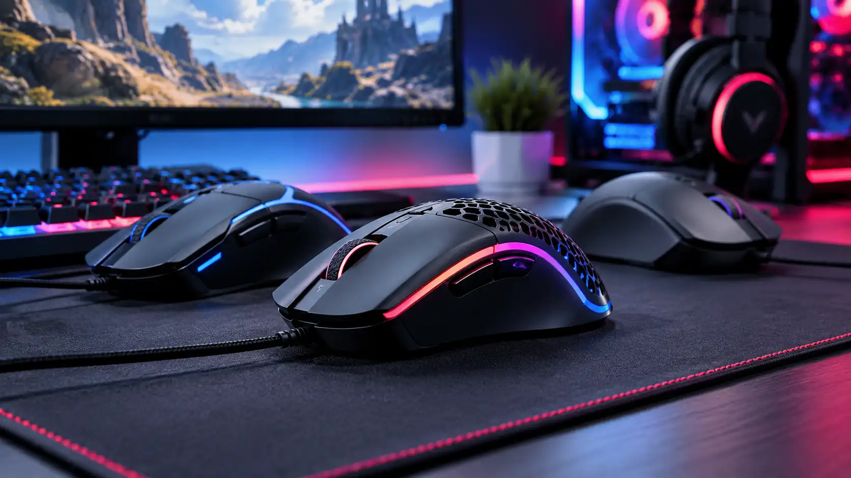 Three gaming mice, including a honeycomb-shell model with RGB lighting, on a desk mat in front of a monitor