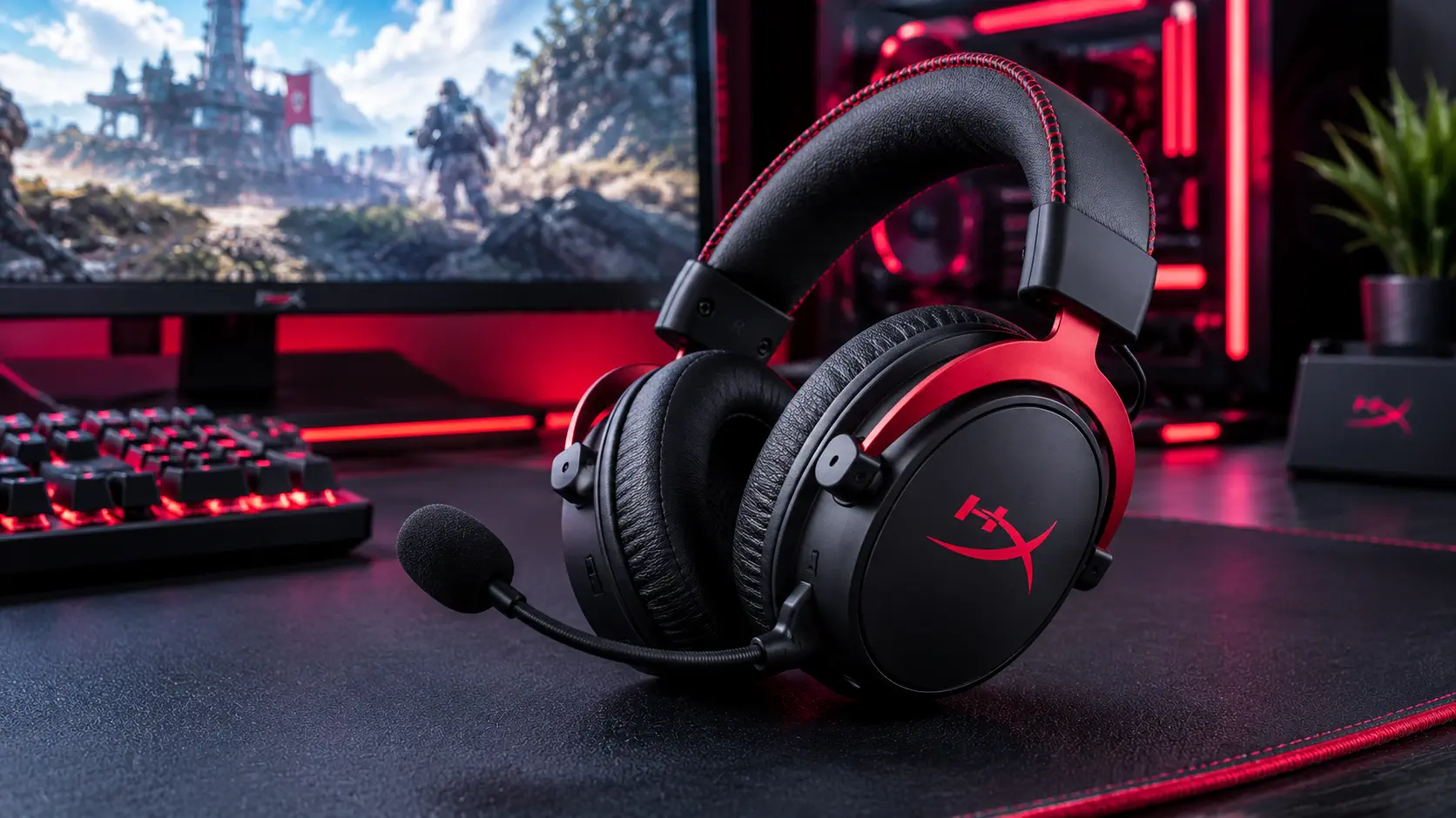 Red and black HyperX Cloud Alpha Wireless gaming headset on a desk mat