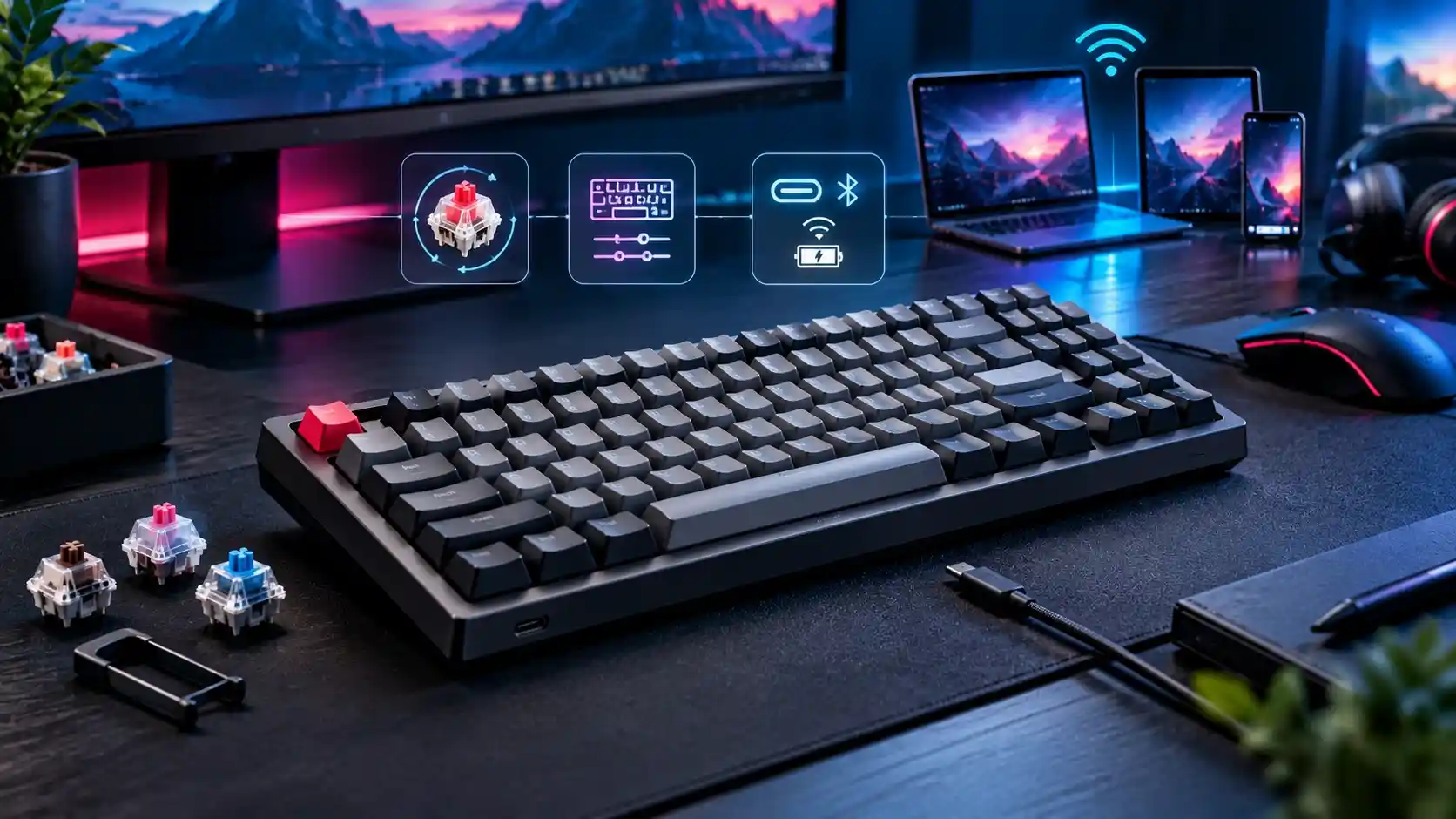 Keychron K8 Pro wireless mechanical keyboard on a desk with loose switches and wireless connectivity icons