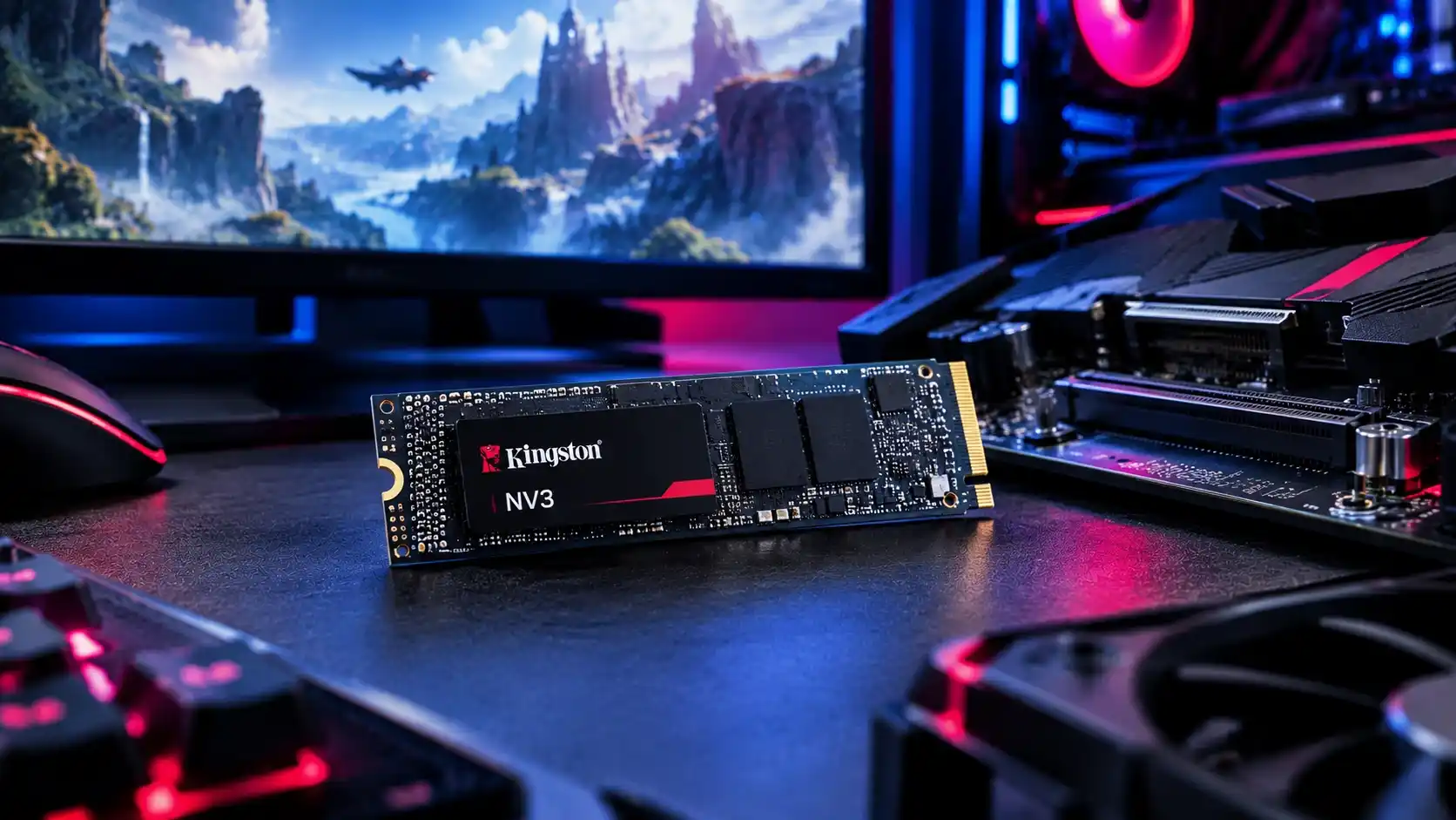 Kingston NV3 M.2 NVMe SSD on a desk next to a motherboard and gaming monitor
