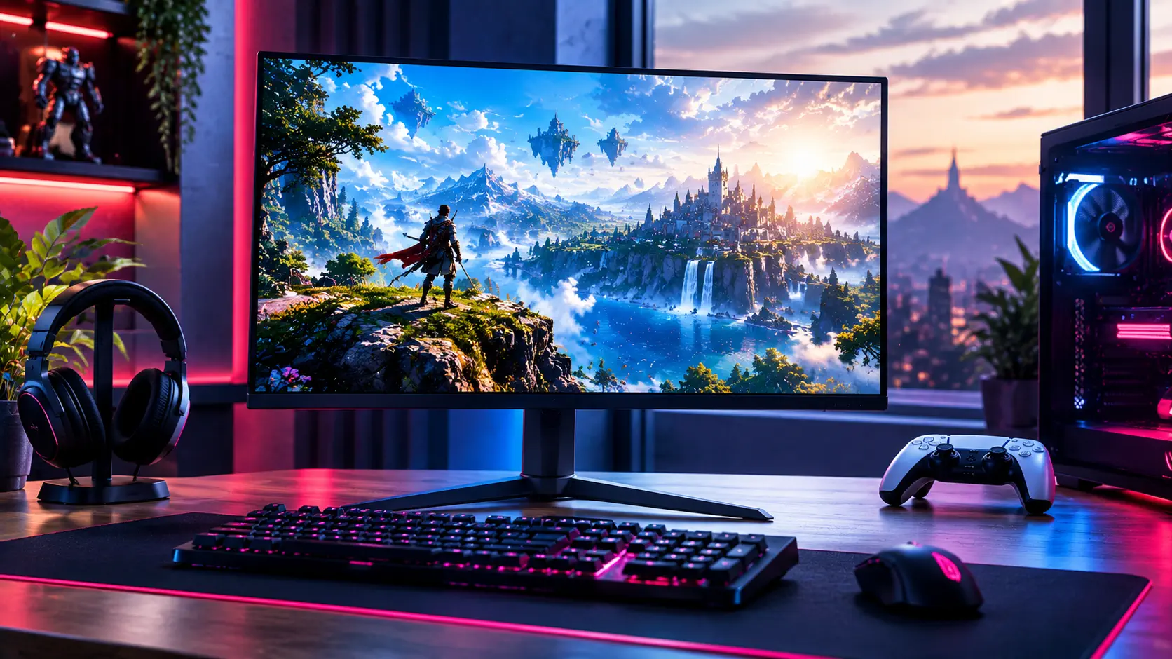 LG UltraGear 27GR93U 4K gaming monitor on a desk displaying a fantasy landscape with floating islands, with a keyboard, mouse, headset on a stand, a white game controller and a PC with RGB lighting