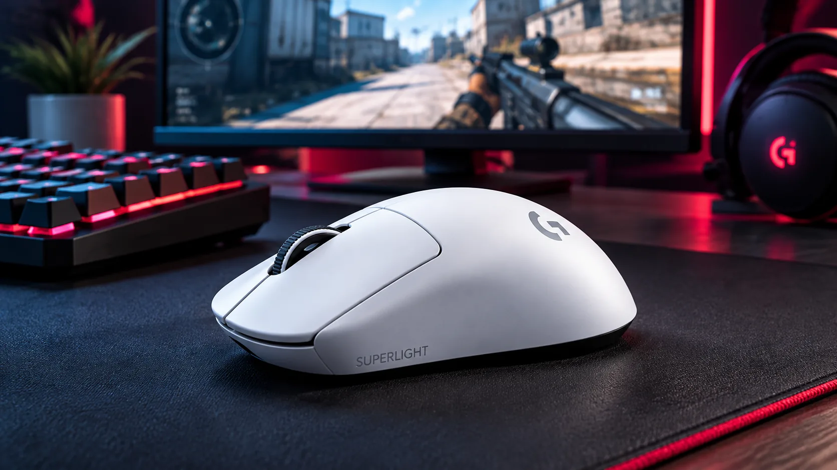 White Logitech G PRO X Superlight wireless gaming mouse on a desk mat
