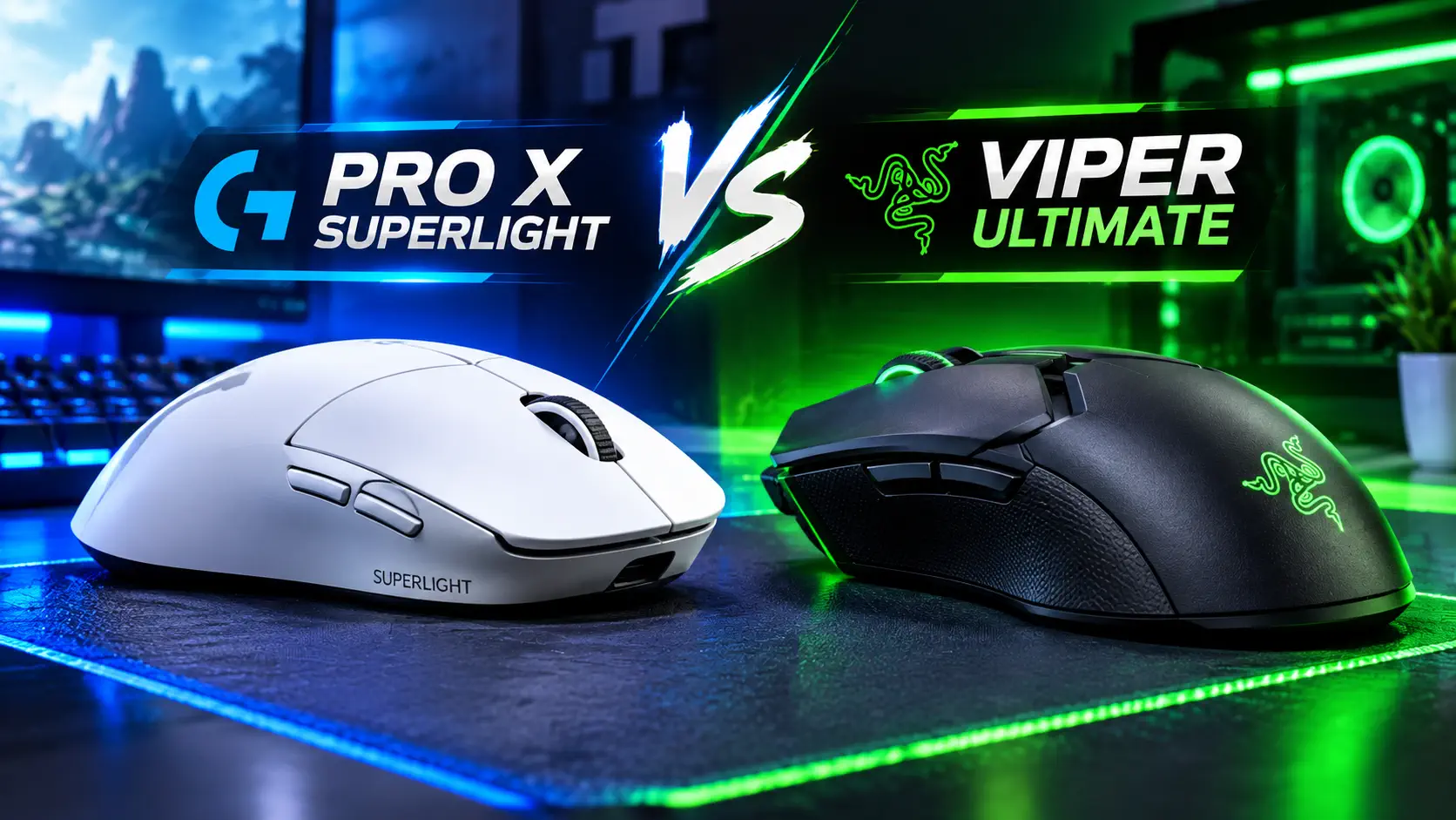 Logitech G PRO X Superlight vs Razer Viper Ultimate key art