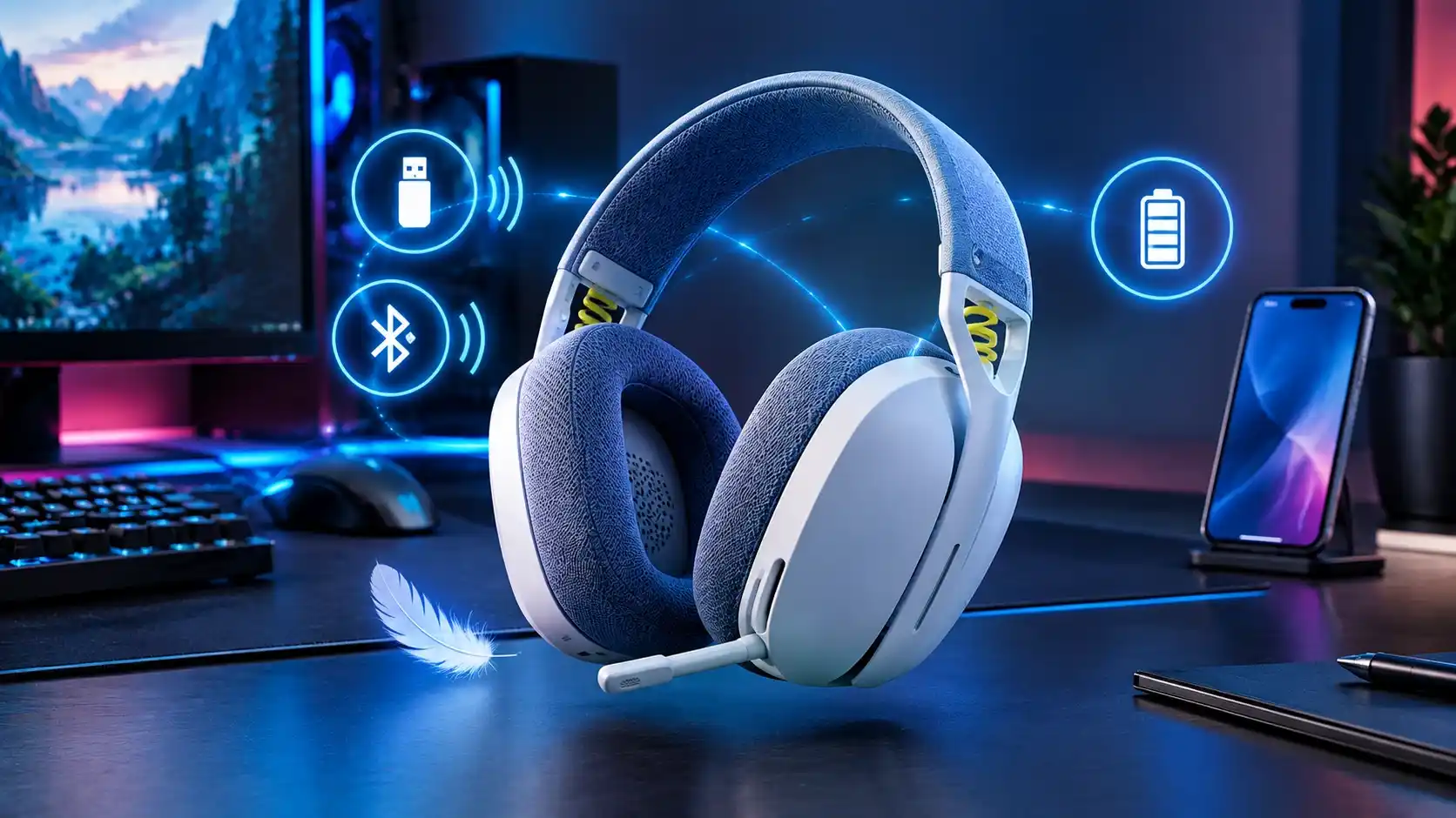 White Logitech G435 wireless gaming headset on a desk with Bluetooth, USB dongle and battery icons