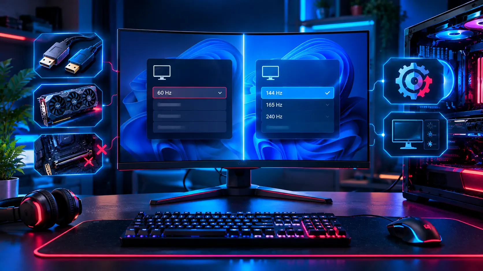 Curved gaming monitor split in two, the left showing a Windows 11 display menu locked at 60 Hz and the right offering 144, 165 and 240 Hz, with cable, graphics card, wrong-slot and settings icons around it