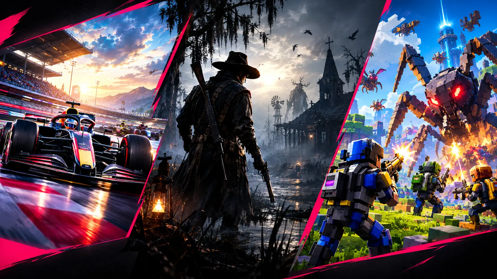 Three game scenes side by side: a Formula 1 car racing at sunset, a lantern-carrying hunter in a swamp and blocky armored soldiers fighting a giant insect