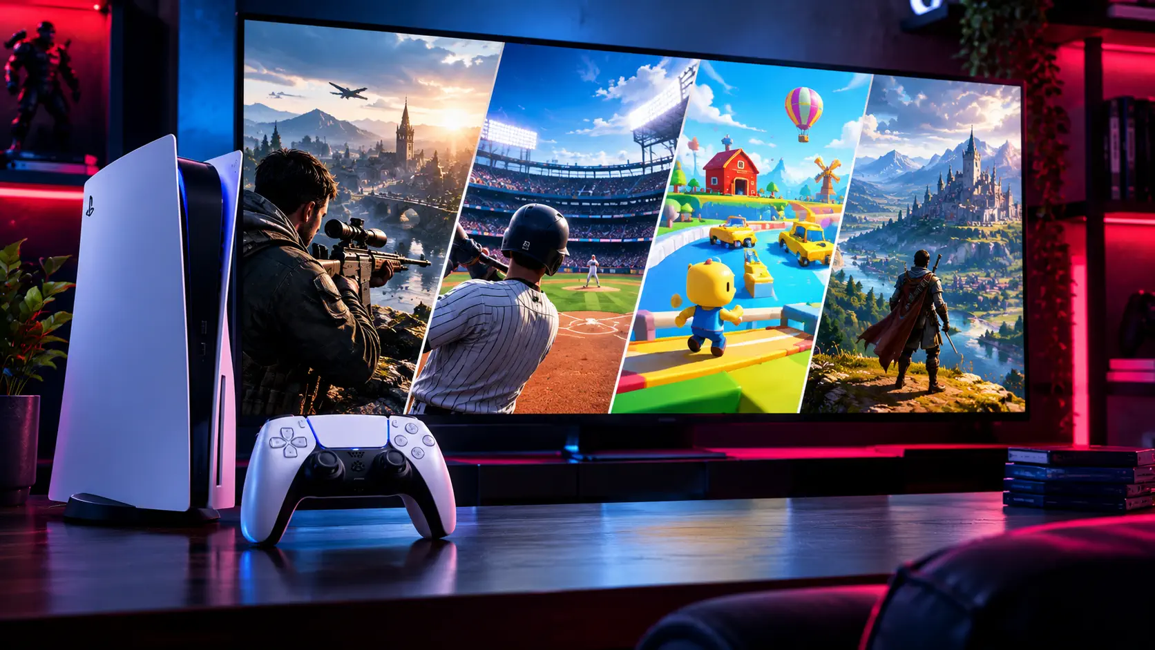 PlayStation 5 console and DualSense controller in front of a TV showing four game scenes: a sniper aiming over a river valley, a baseball batter, a colorful obstacle-course game and a fantasy adventurer overlooking a castle