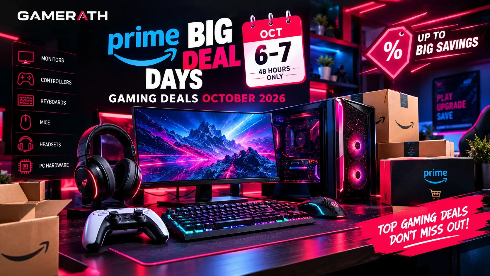 Prime Big Deal Days gaming deals October 6-7, 2026 banner with monitor, PC, headset, keyboard and Amazon boxes