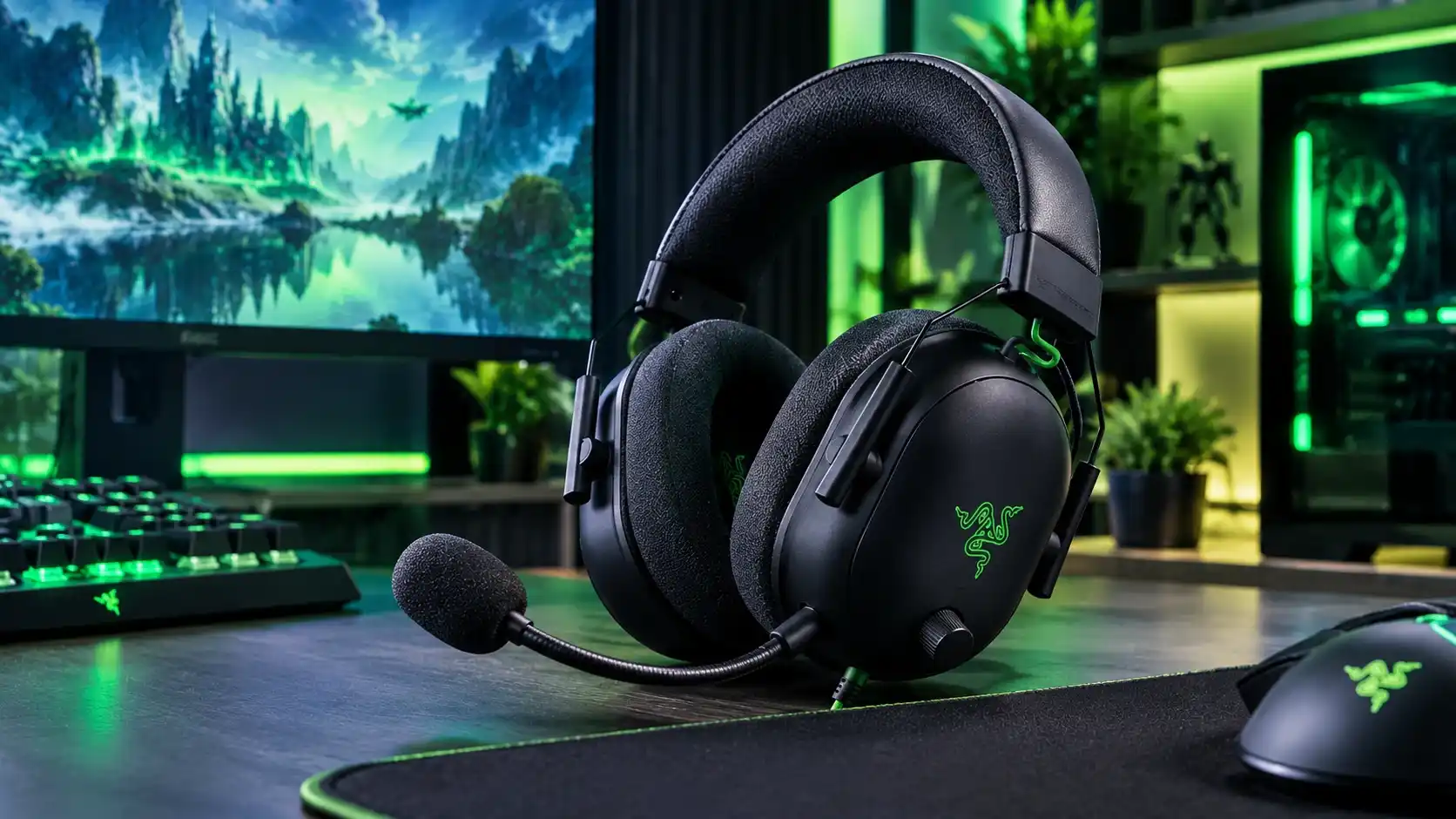 Razer BlackShark V2 gaming headset with boom microphone on a desk with green Razer lighting