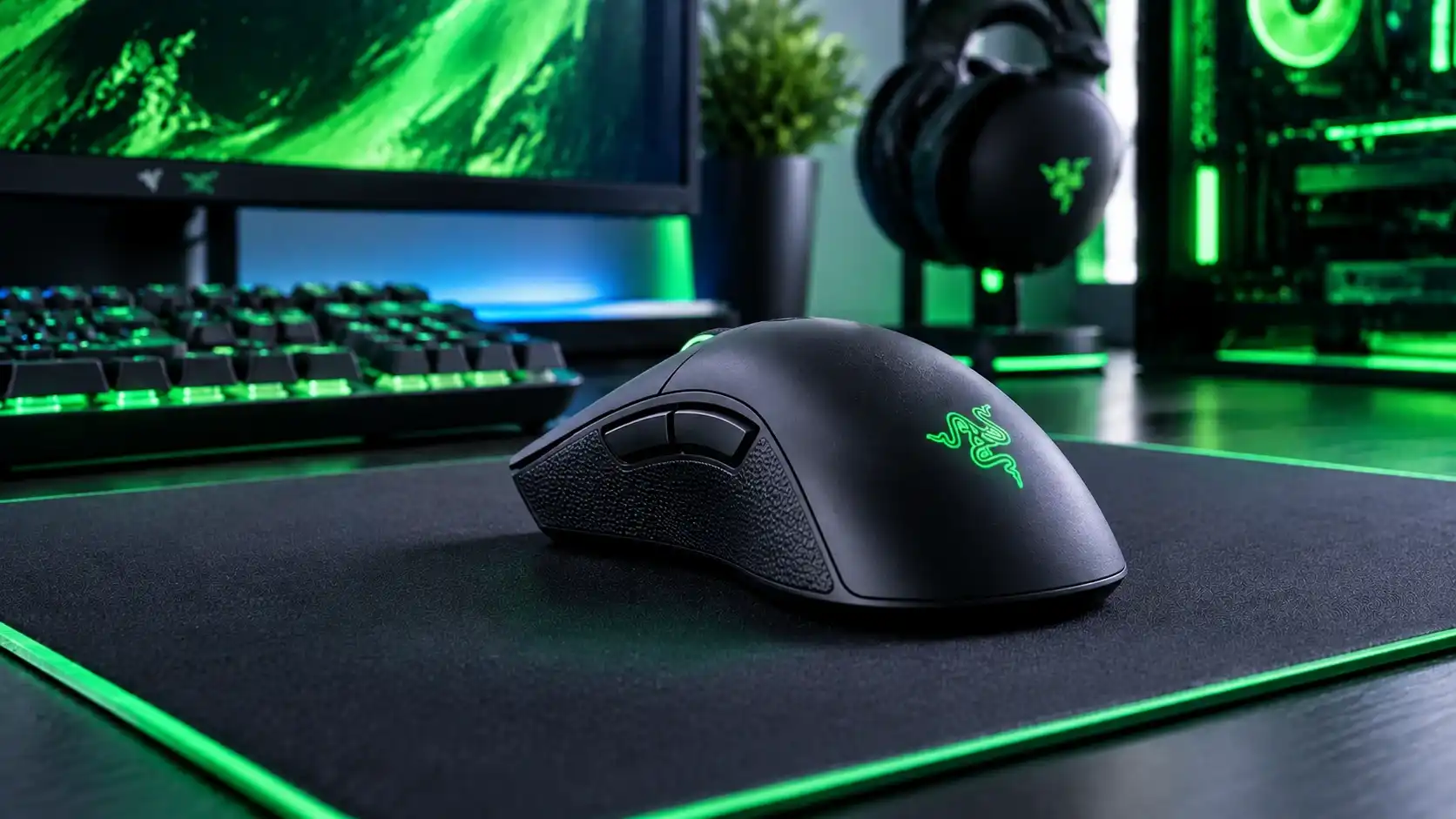 Razer DeathAdder V3 ergonomic gaming mouse on a black mouse pad with green Razer lighting