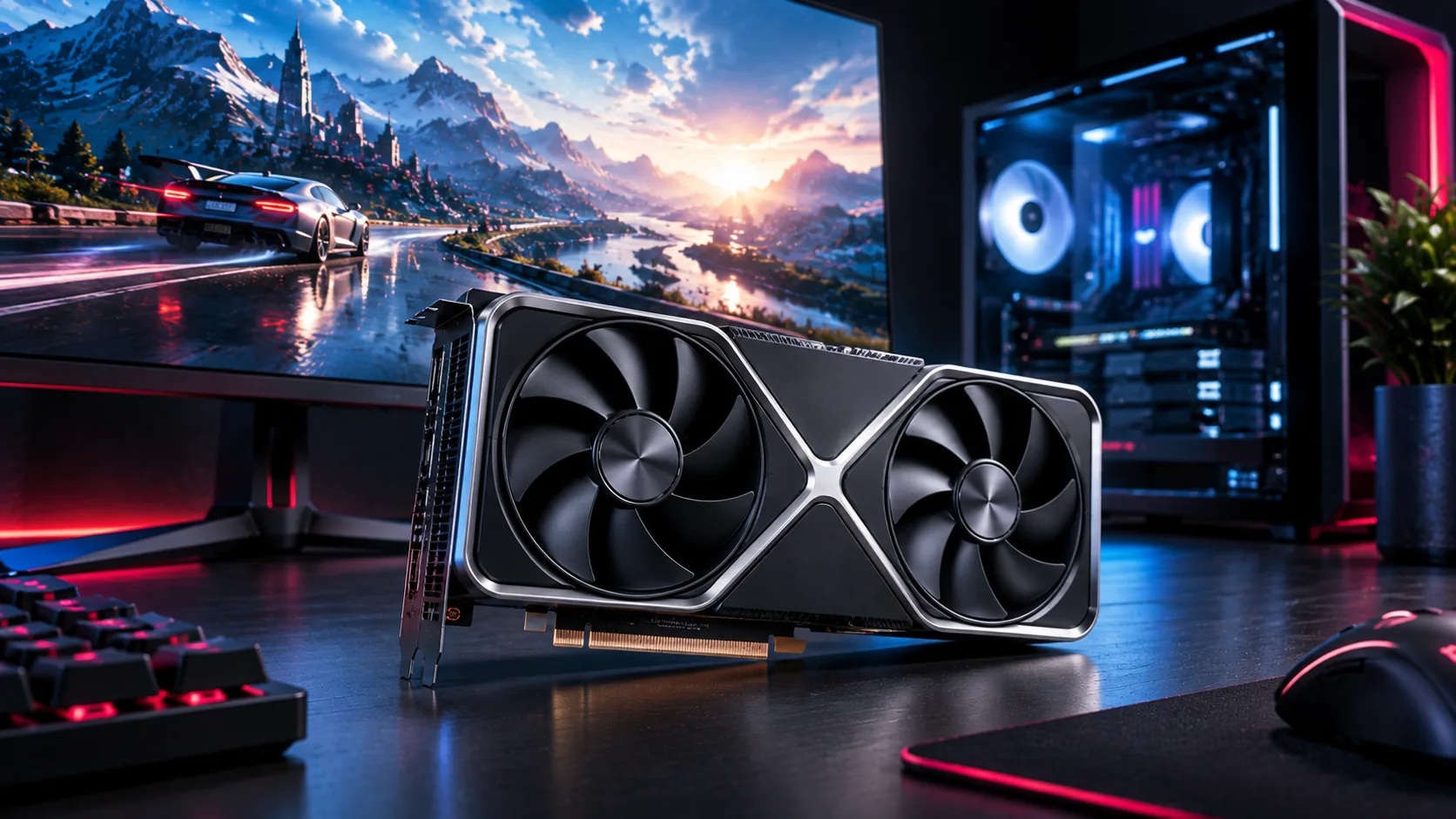 NVIDIA GeForce RTX 4070 graphics card in front of a gaming monitor and PC build