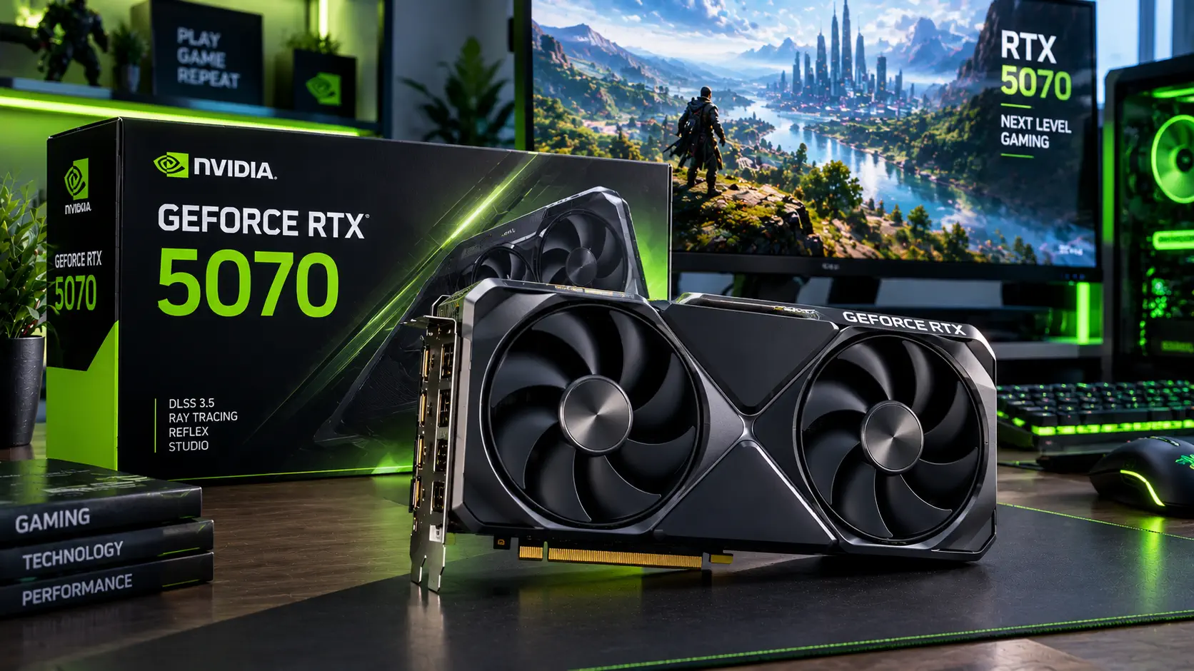 NVIDIA GeForce RTX 5070 dual-fan graphics card in front of its retail box, on a desk with a green-lit PC, keyboard and a monitor showing a game scene