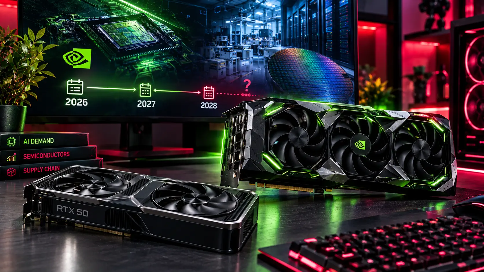 Two NVIDIA graphics cards on a desk, an RTX 50 series card and a larger futuristic triple-fan card with green lighting, in front of a screen showing a 2026, 2027 and 2028 timeline with a question mark, chip and silicon wafer imagery
